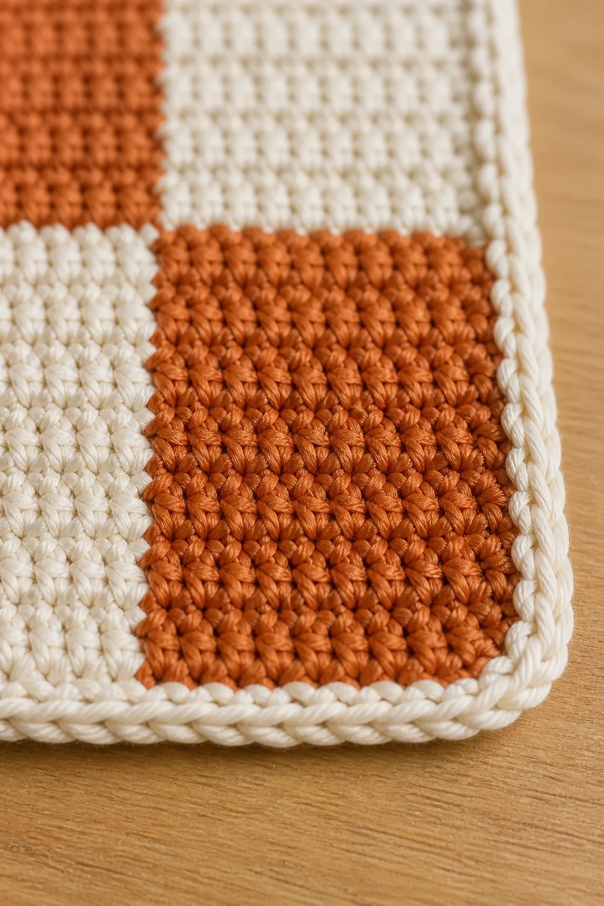 Close-up of a clean terracotta-and-cream color change and cream corner border