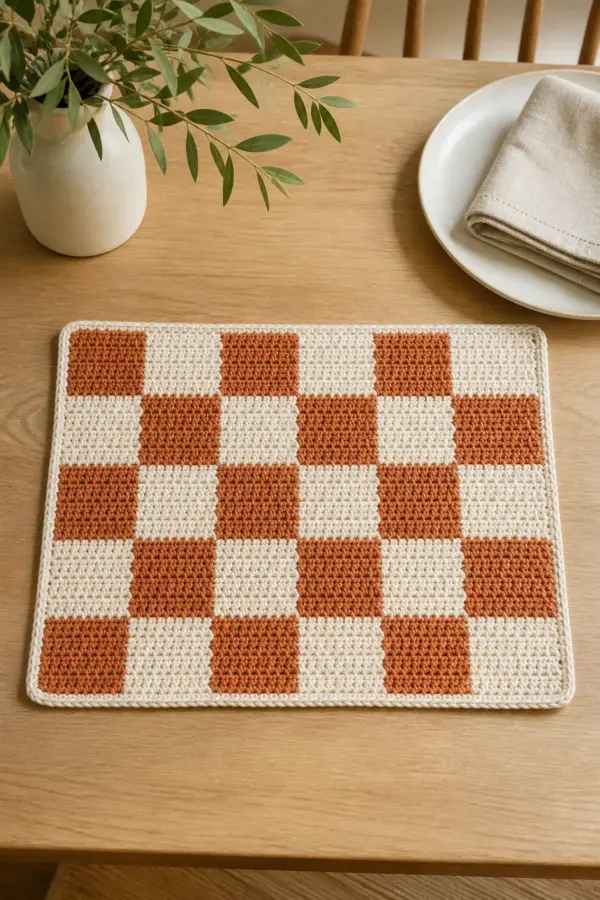 Finished terracotta-and-cream crochet checkerboard placemat with a slim cream border