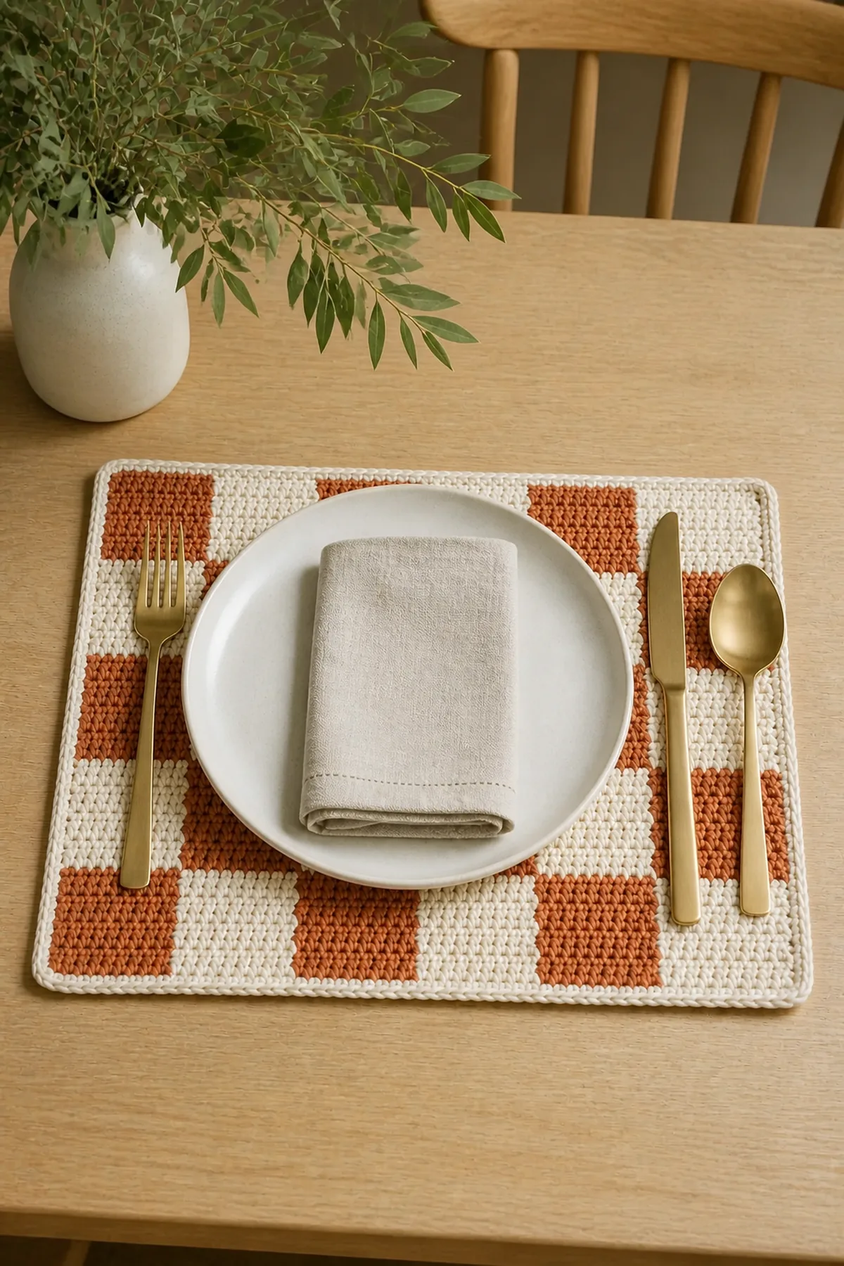 Completed checkerboard placemat beneath an off-white plate and brass flatware