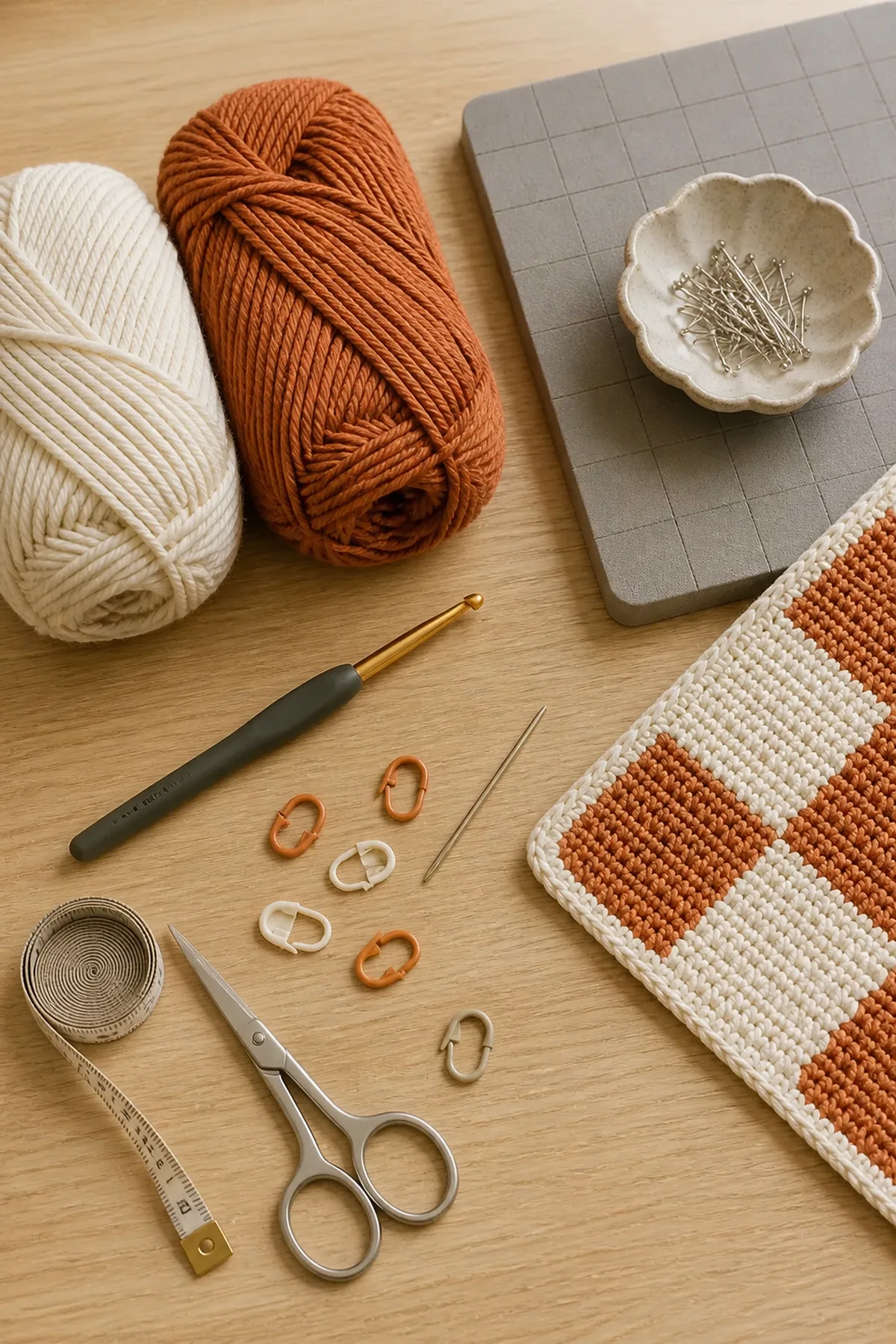 Cream and terracotta cotton yarn with hook, markers, needle, scissors, tape measure, blocking mat, and pins