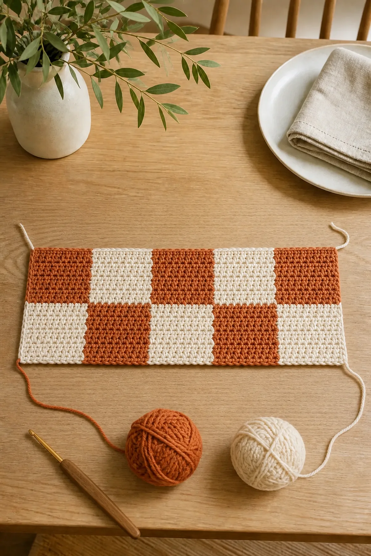 First two terracotta-and-cream checkerboard bands with hook and working yarn