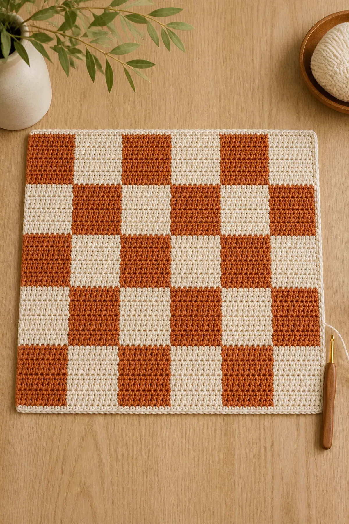 Nearly completed five-band checkerboard placemat with border in progress