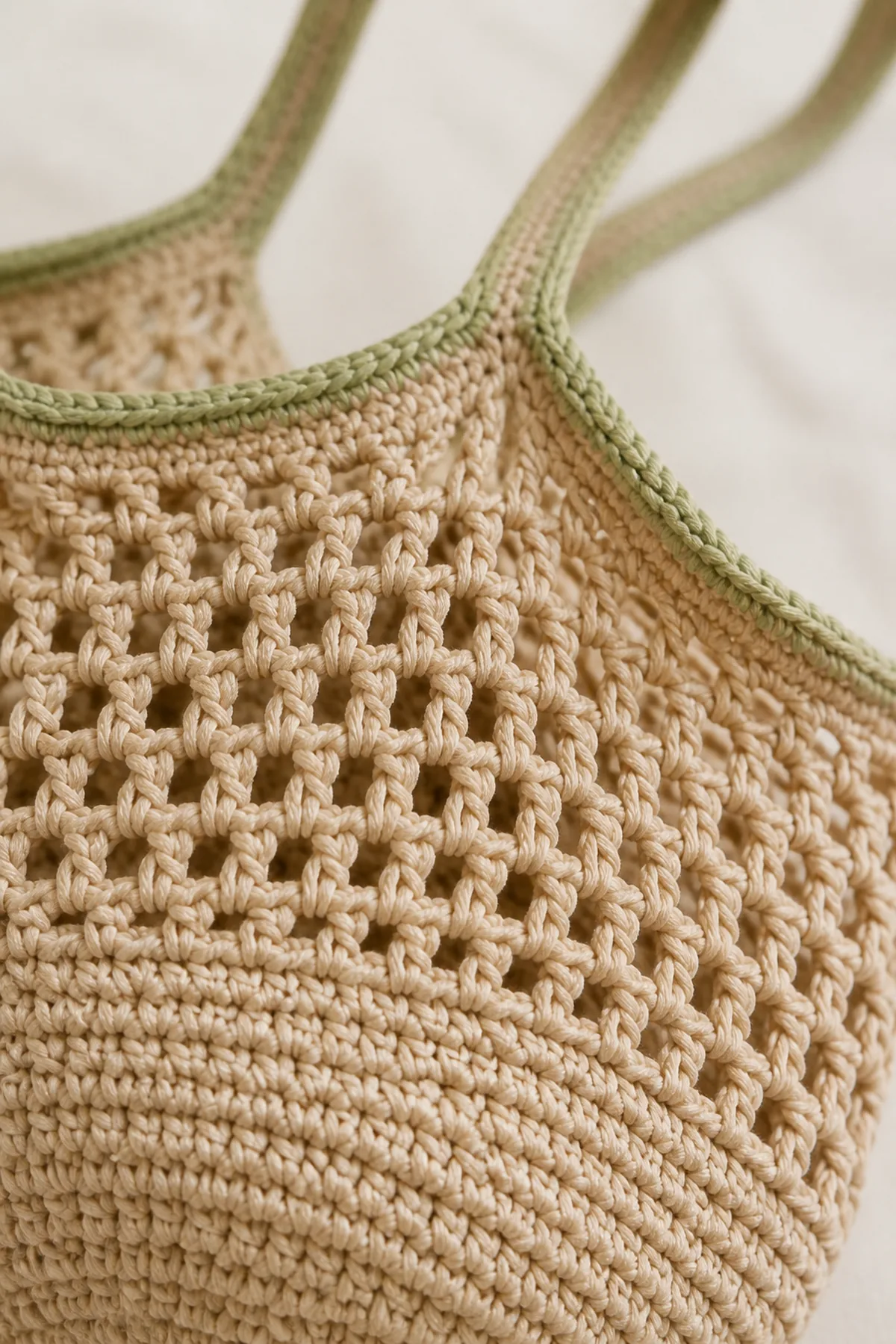 Close-up of the solid base, open mesh, and reinforced sage-edged tote handle