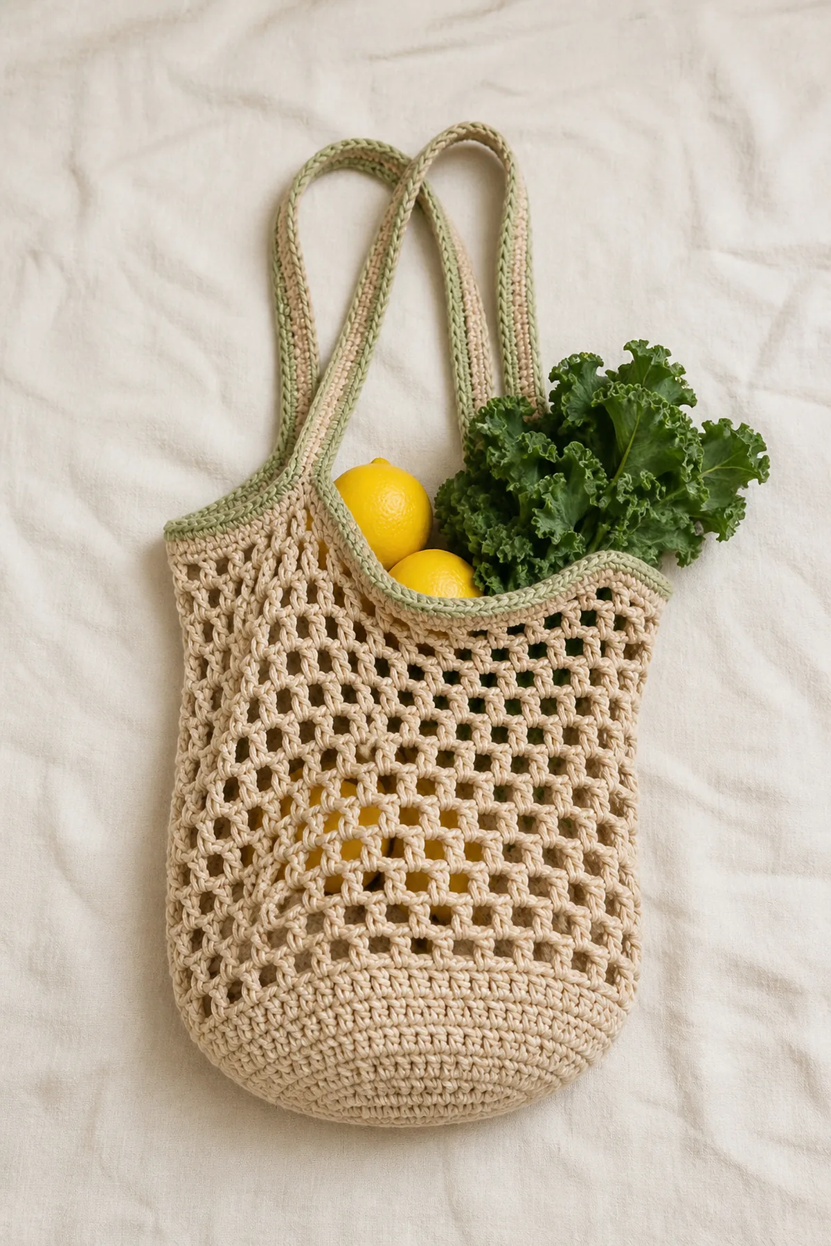 Finished oat cotton crochet market tote with sage edging, lemons, and leafy greens