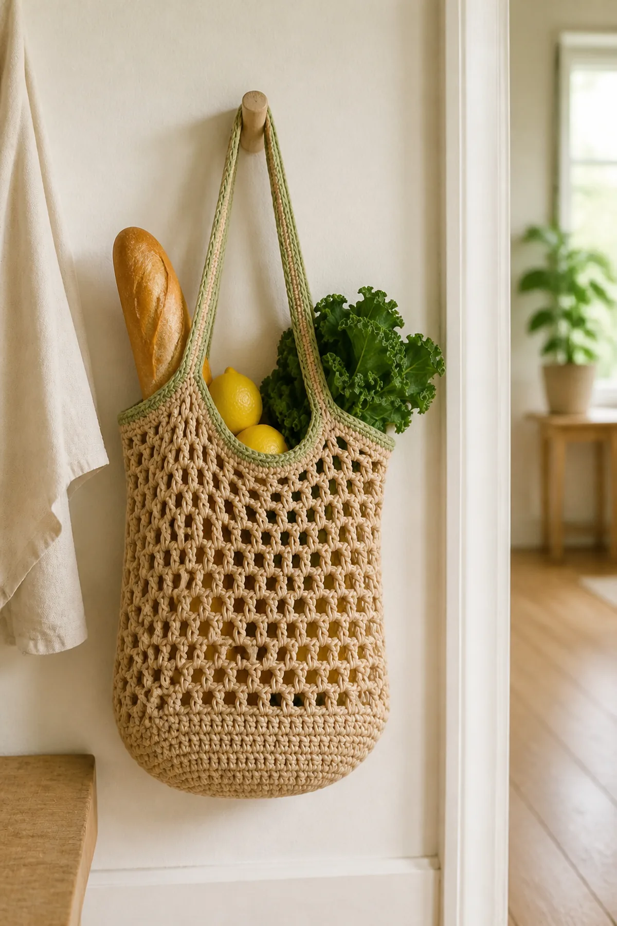 Completed crochet market tote hanging with bread, leafy greens, and lemons