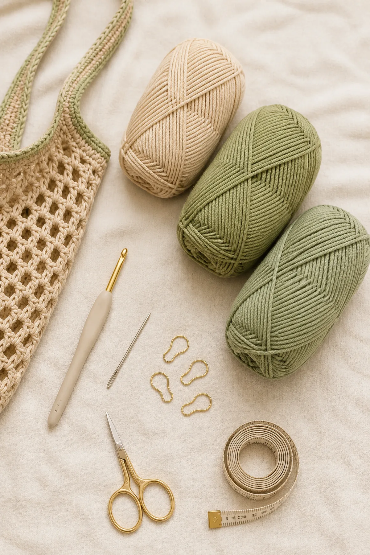 Oat and sage cotton yarn with crochet hook, markers, scissors, needle, and tape measure