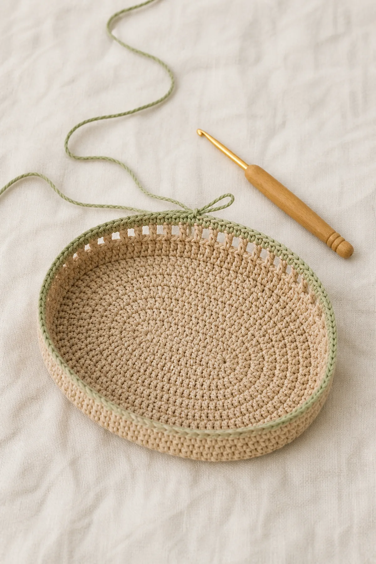 Solid oval crochet tote base with first body stitches and working yarn