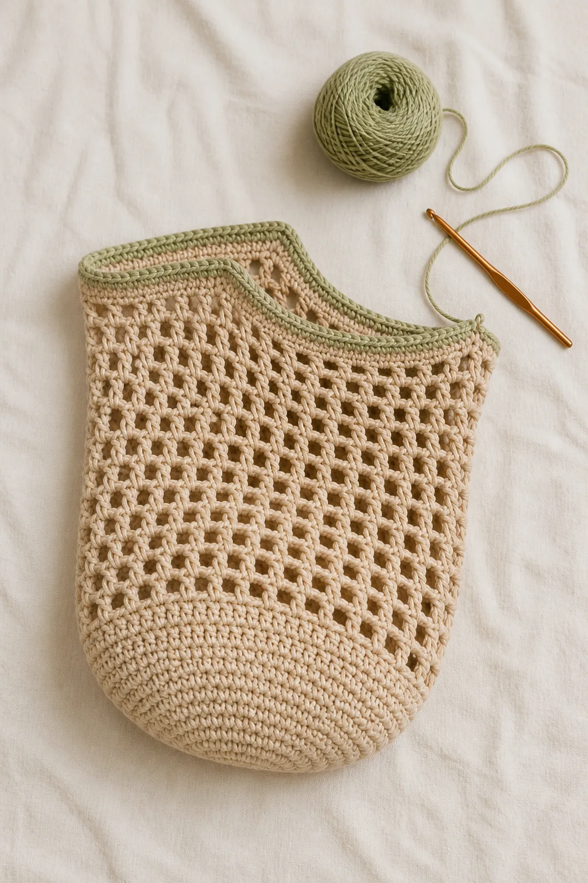 Partially completed crochet market tote showing the open mesh body