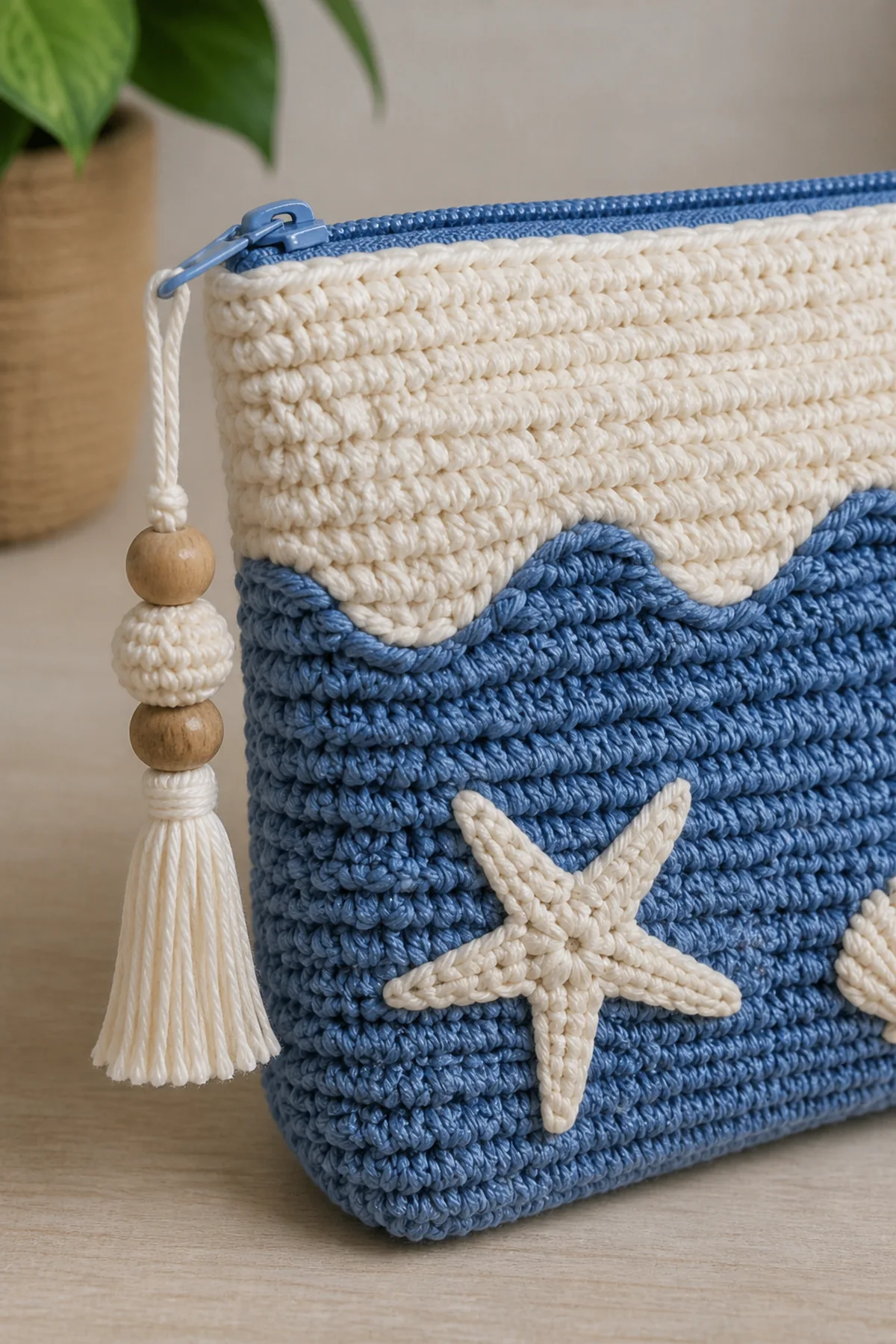 Close-up of the stitch texture and finishing details on blue-and-cream crochet coastal pouch