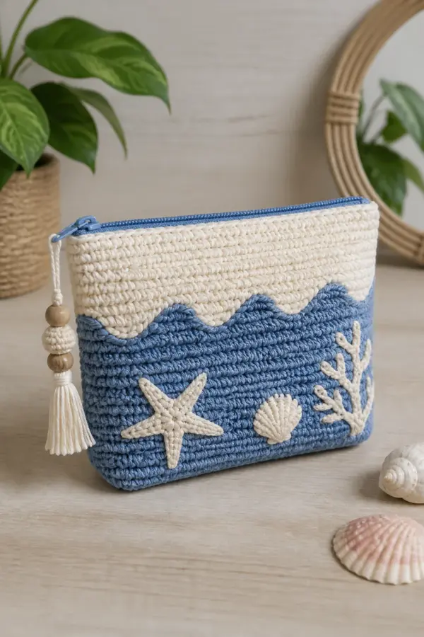 Finished blue-and-cream crochet coastal pouch displayed with a clean handmade finish