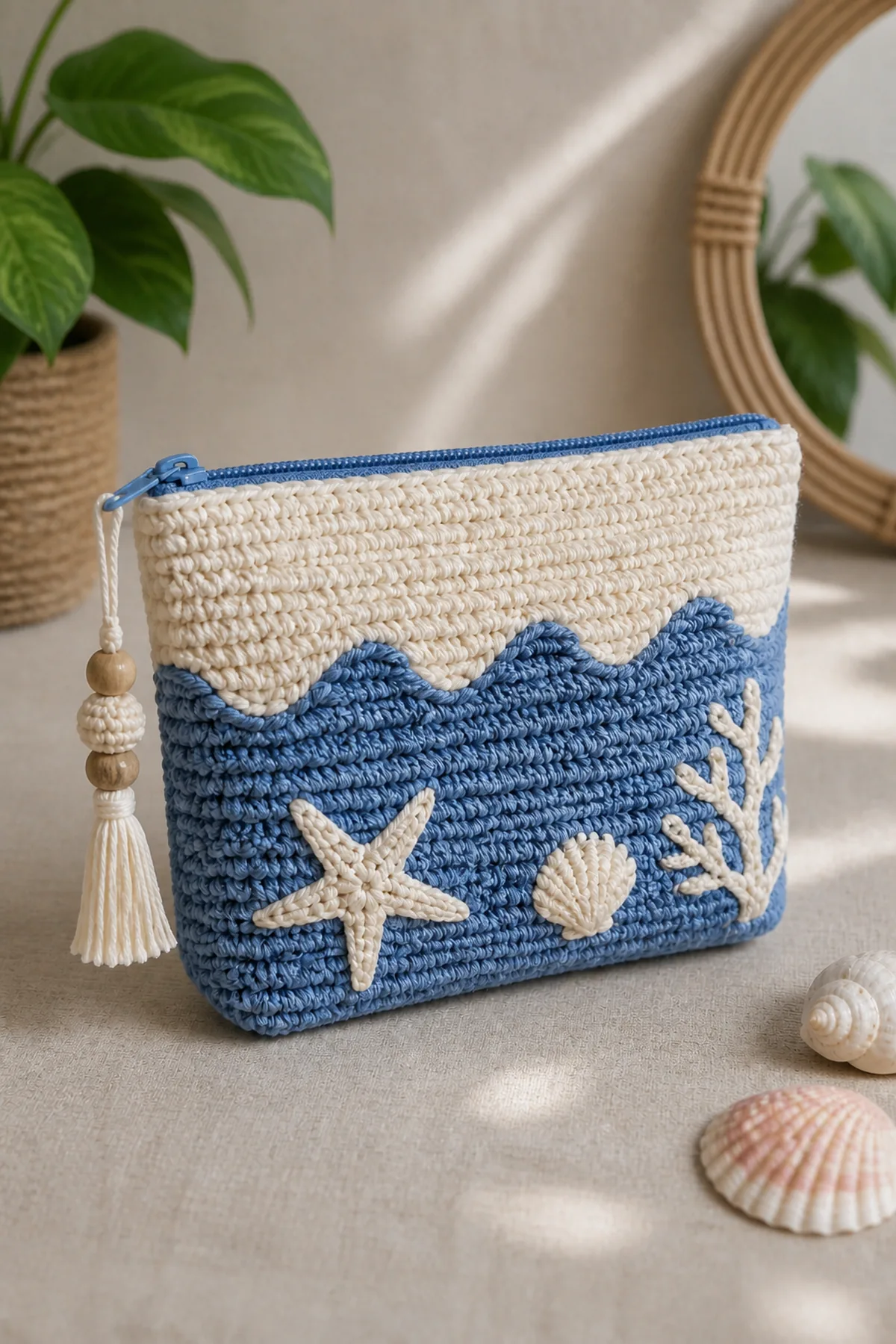 Finished blue-and-cream crochet coastal pouch styled in a bright natural setting