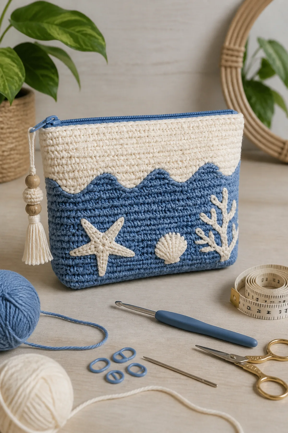Yarn, crochet hook, stitch markers, yarn needle, tape measure, and scissors for blue-and-cream crochet coastal pouch