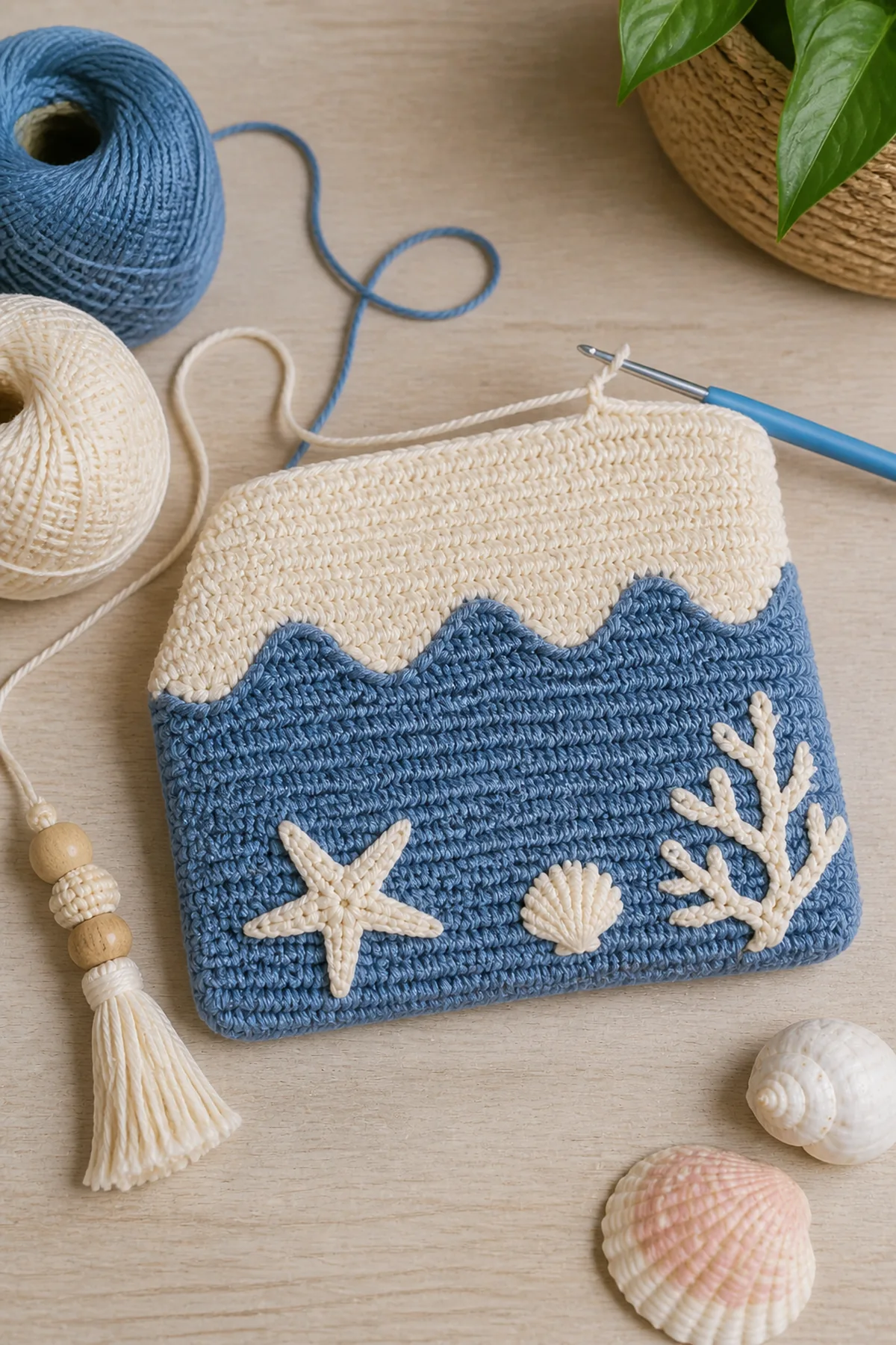 Early crochet construction stage for blue-and-cream crochet coastal pouch with working yarn and hook