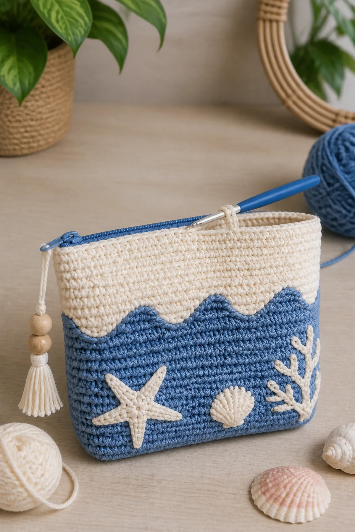 Mid-process crochet construction and shaping for blue-and-cream crochet coastal pouch