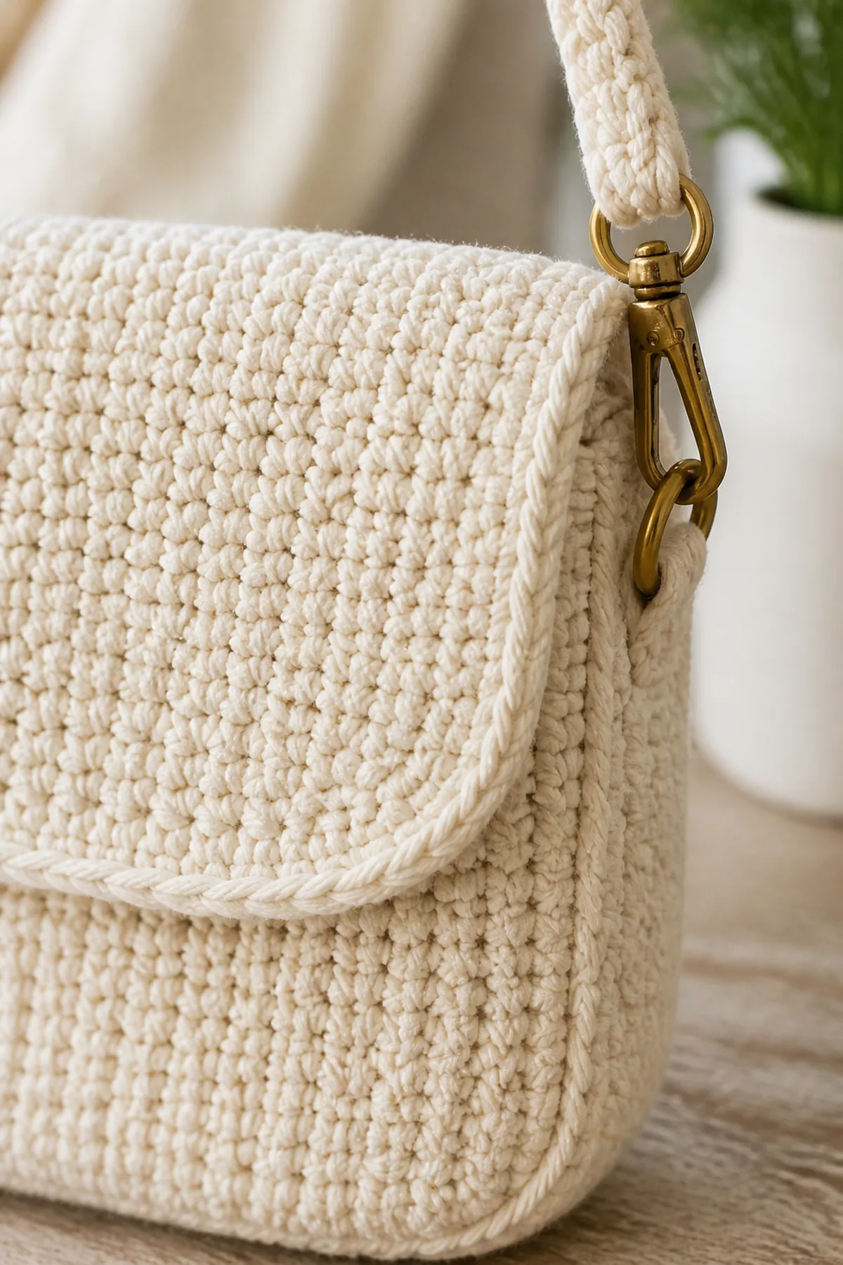 Close-up of the stitch texture and finishing details on classic cream mini shoulder bag