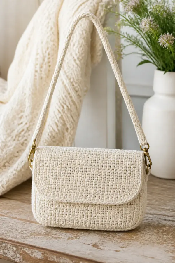 Finished classic cream mini shoulder bag displayed with a clean handmade finish