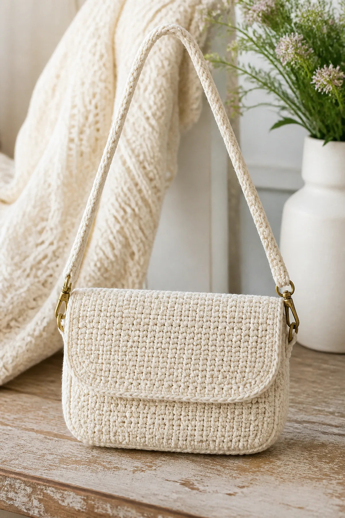 Finished classic cream mini shoulder bag displayed with a clean handmade finish