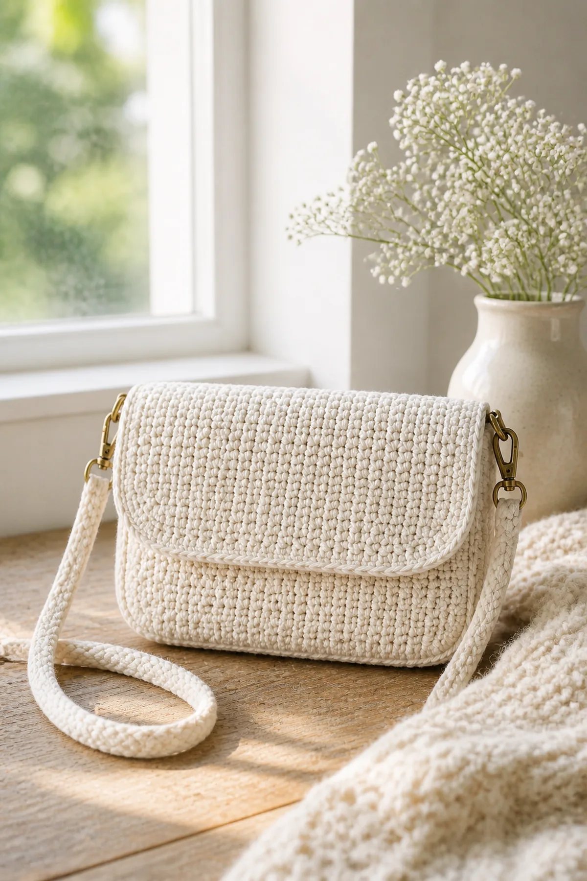 Finished classic cream mini shoulder bag styled in a bright natural setting