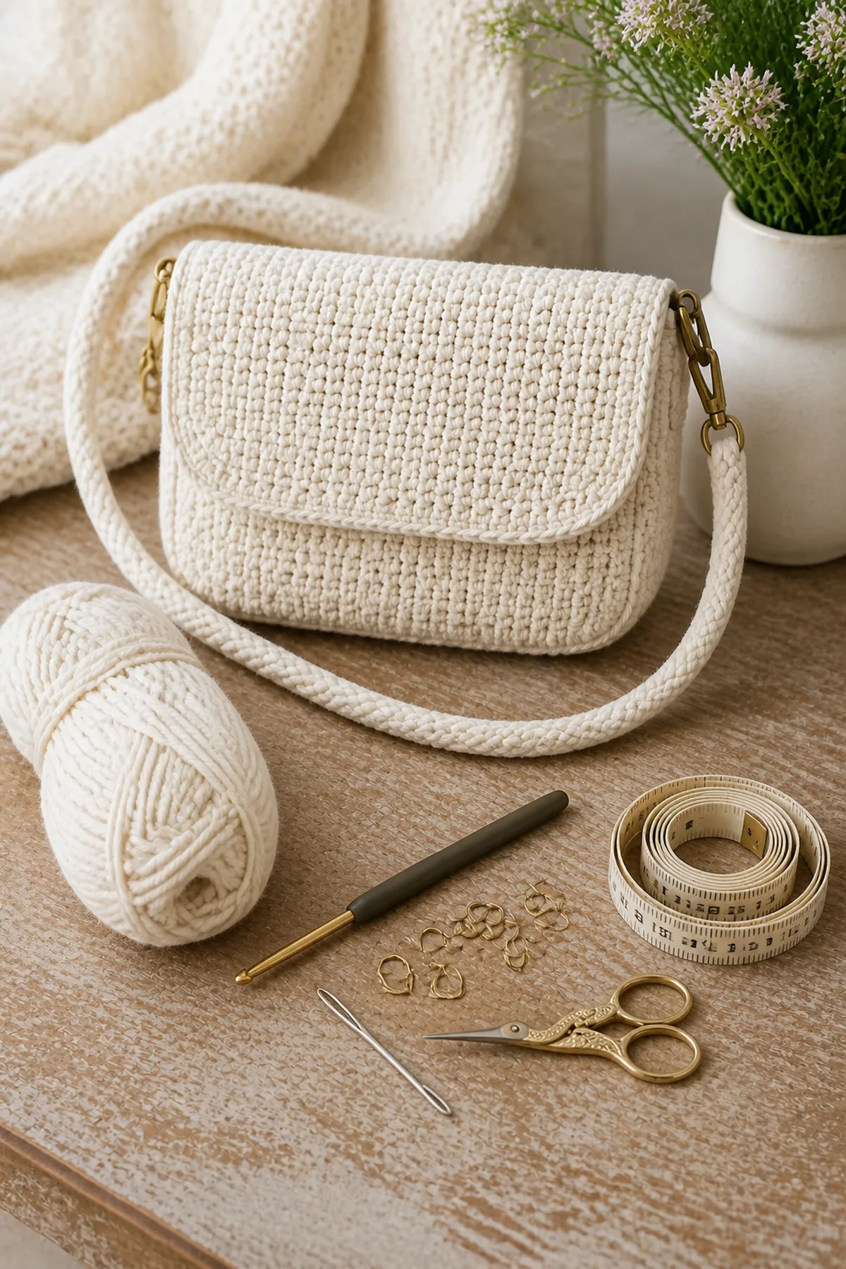 Yarn, crochet hook, stitch markers, yarn needle, tape measure, and scissors for classic cream mini shoulder bag