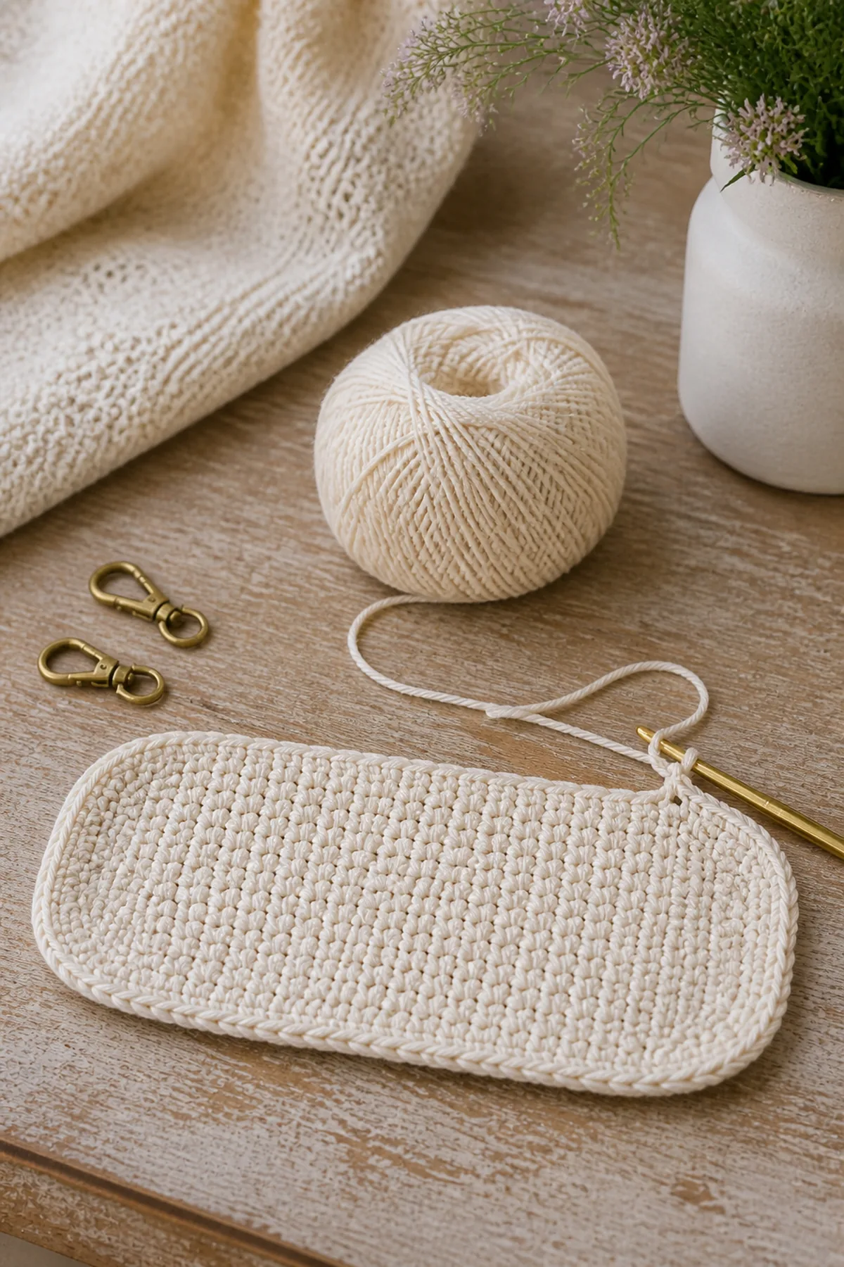 Early crochet construction stage for classic cream mini shoulder bag with working yarn and hook