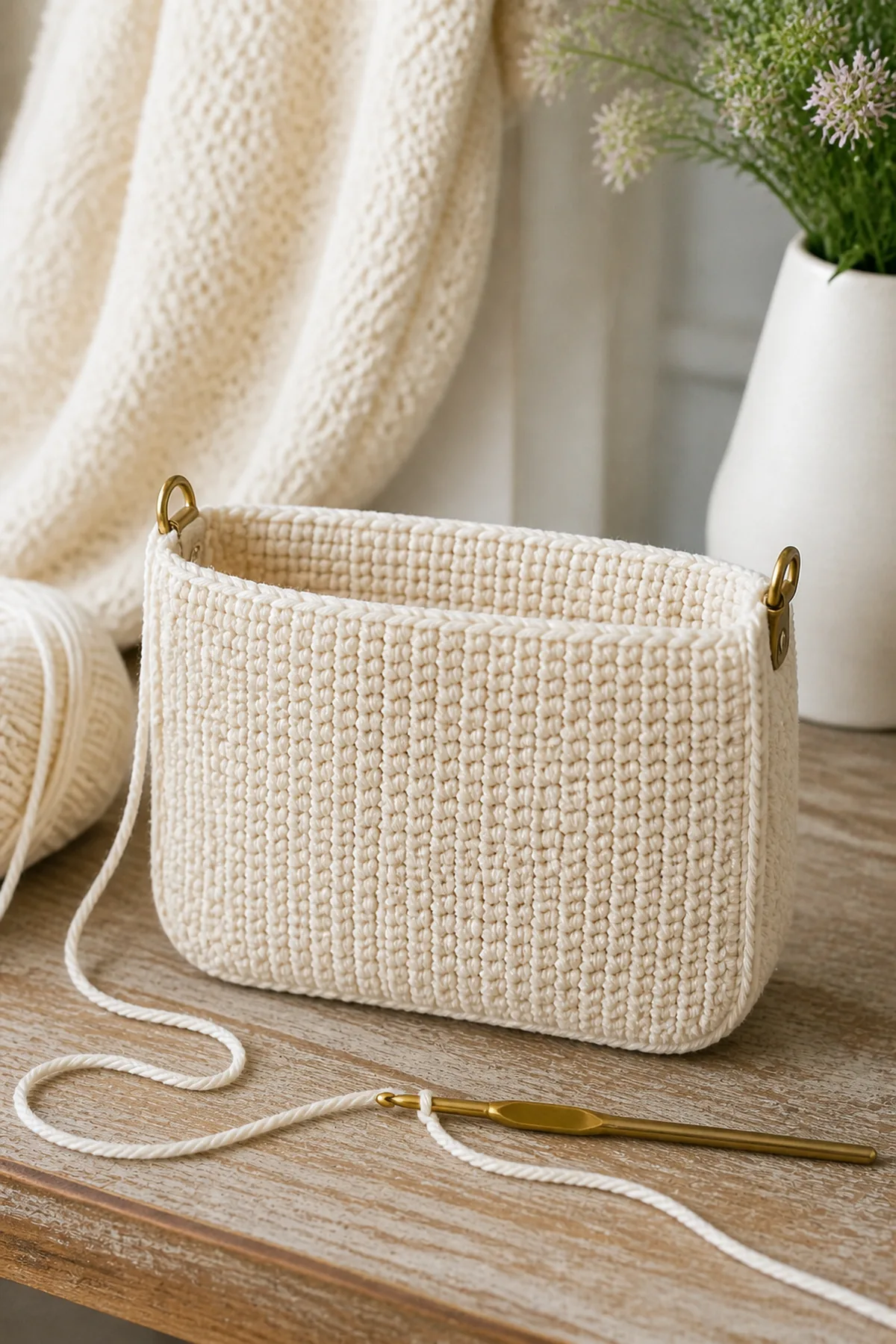 Mid-process crochet construction and shaping for classic cream mini shoulder bag