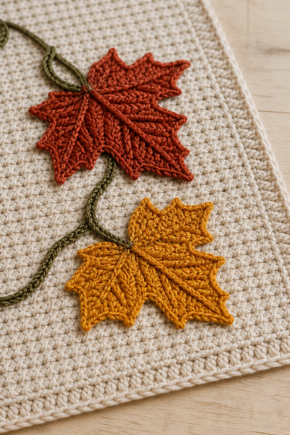 Close-up of rust, gold, and olive crochet maple leaf appliques and surface-stitched stems