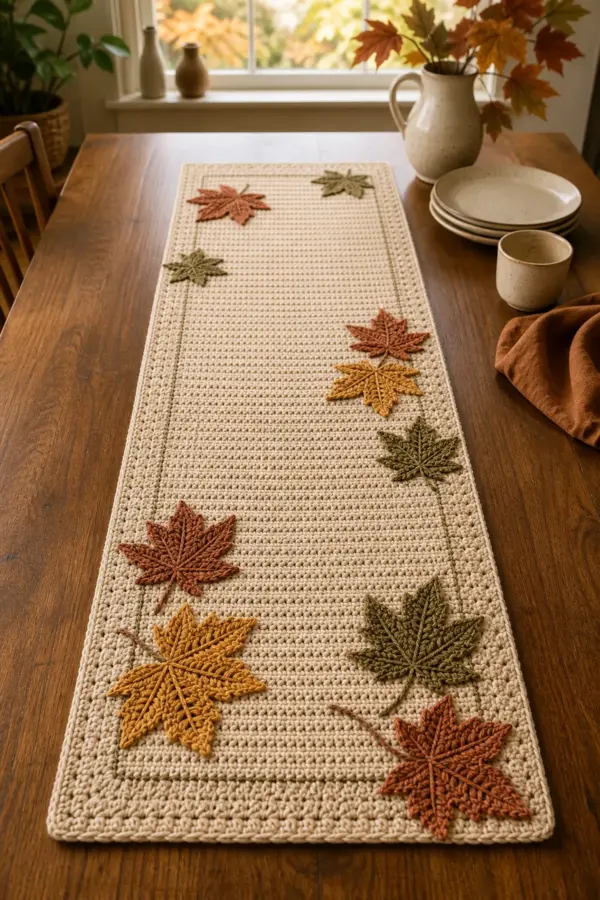 Finished oatmeal crochet table runner decorated with rust, gold, and olive maple leaves