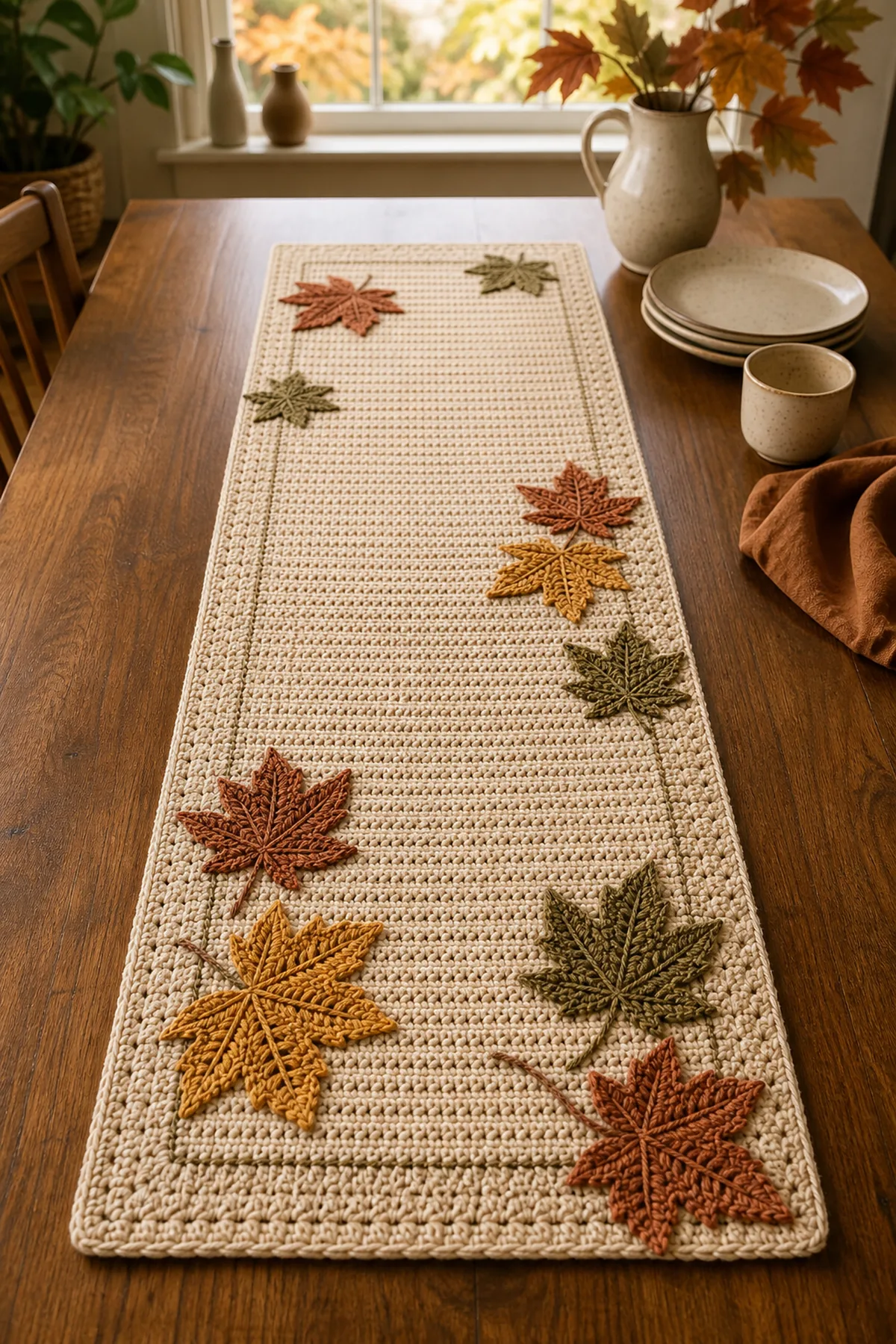 Finished oatmeal crochet table runner decorated with rust, gold, and olive maple leaves