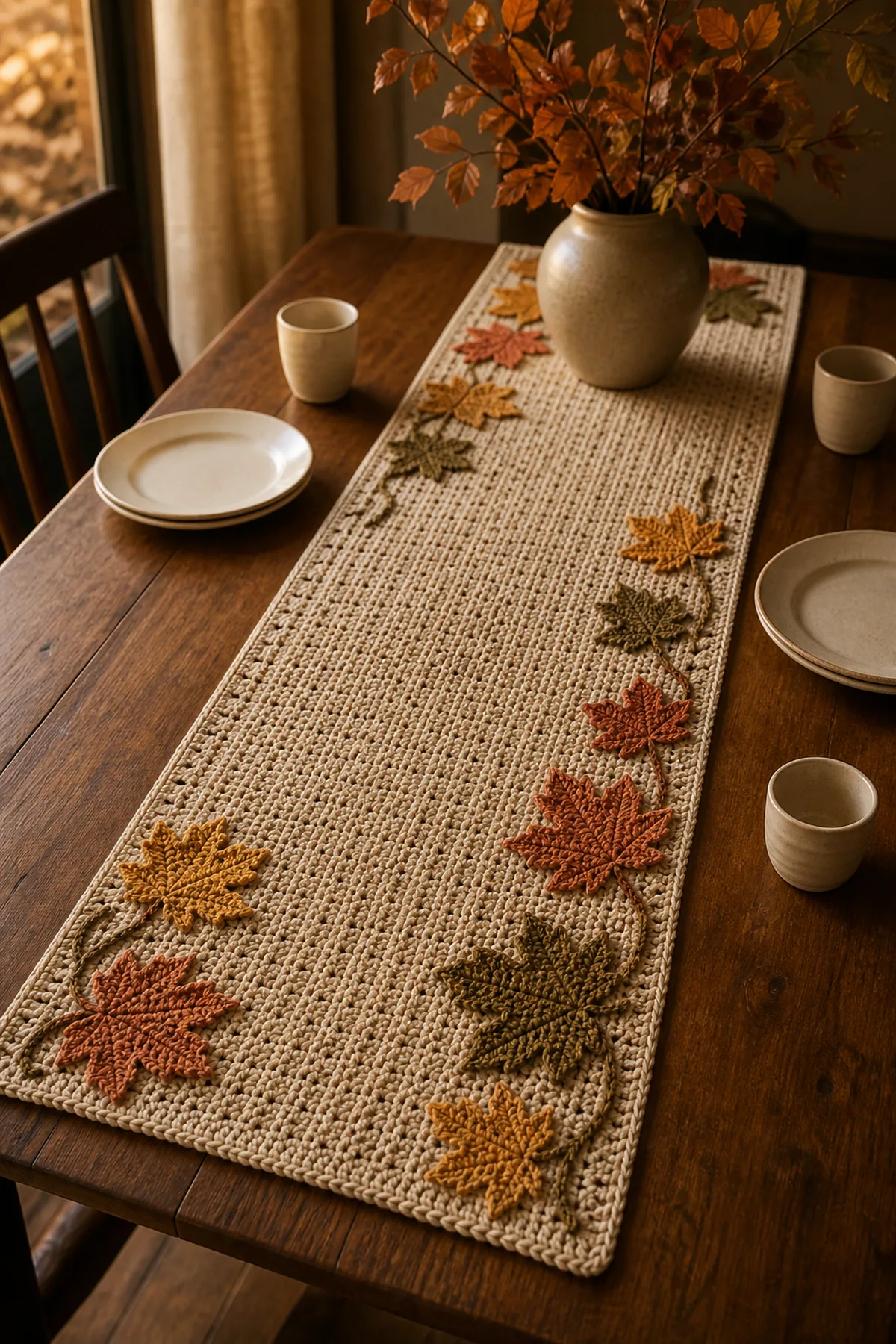 Autumn crochet maple leaf table runner styled on a wooden dining table