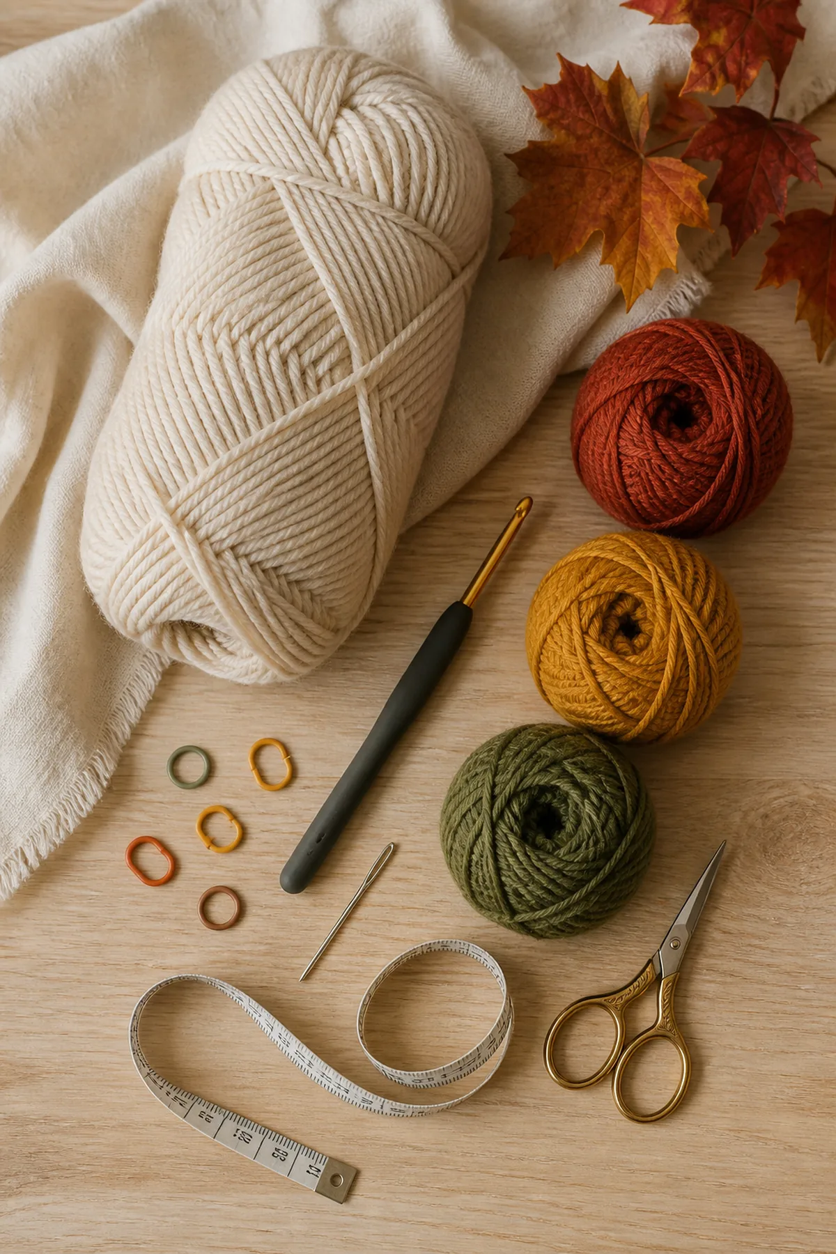 Oatmeal, rust, gold, and olive cotton yarn with hook, markers, needle, tape measure, and scissors
