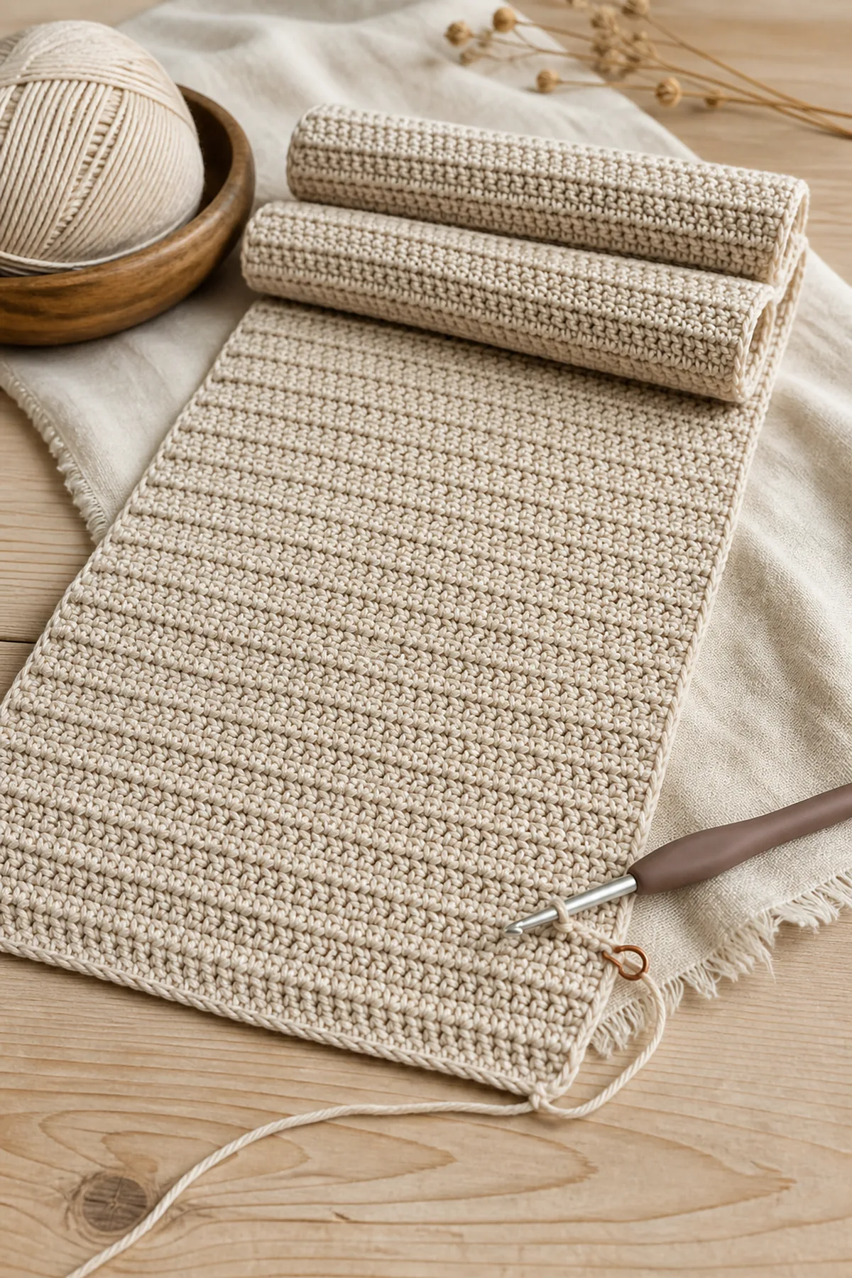 Long oatmeal half double crochet table runner base in progress