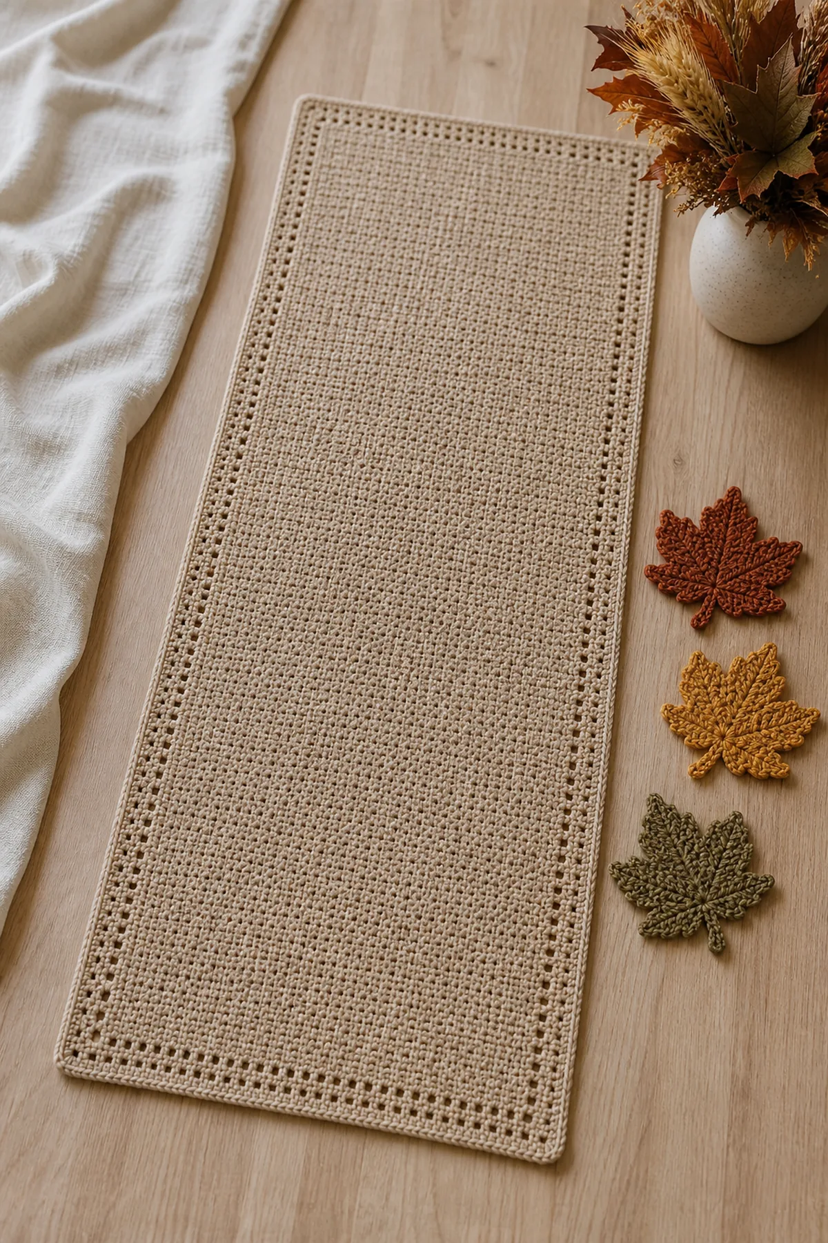 Blocked oatmeal crochet runner with neat two-round border