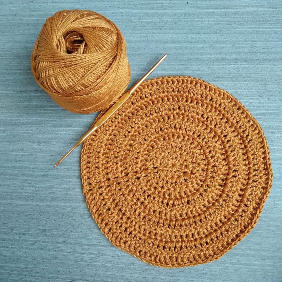 A clearly visible first crochet round with the hook and working yarn beside it