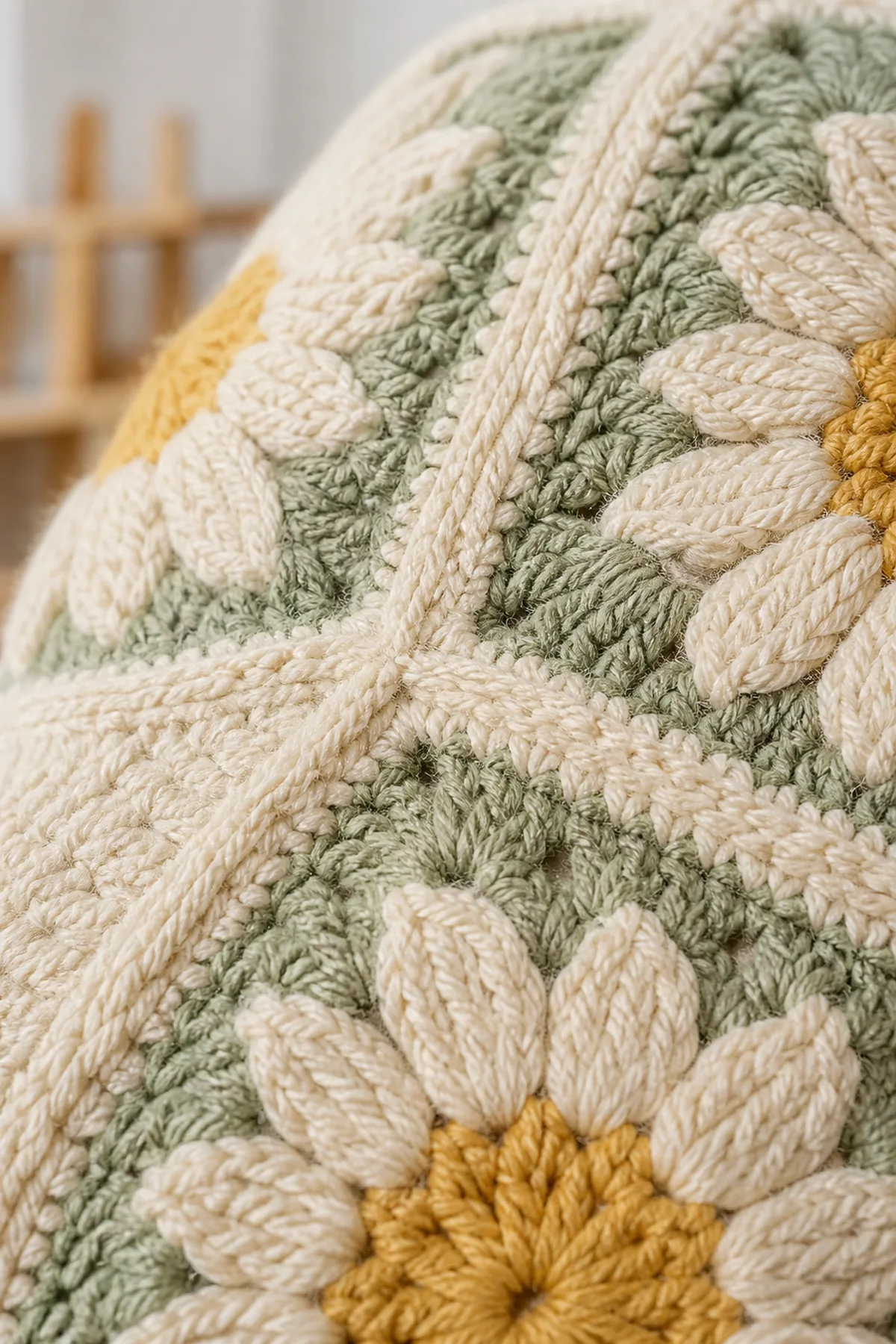 Close-up of flat slip-stitch joins between daisy granny squares