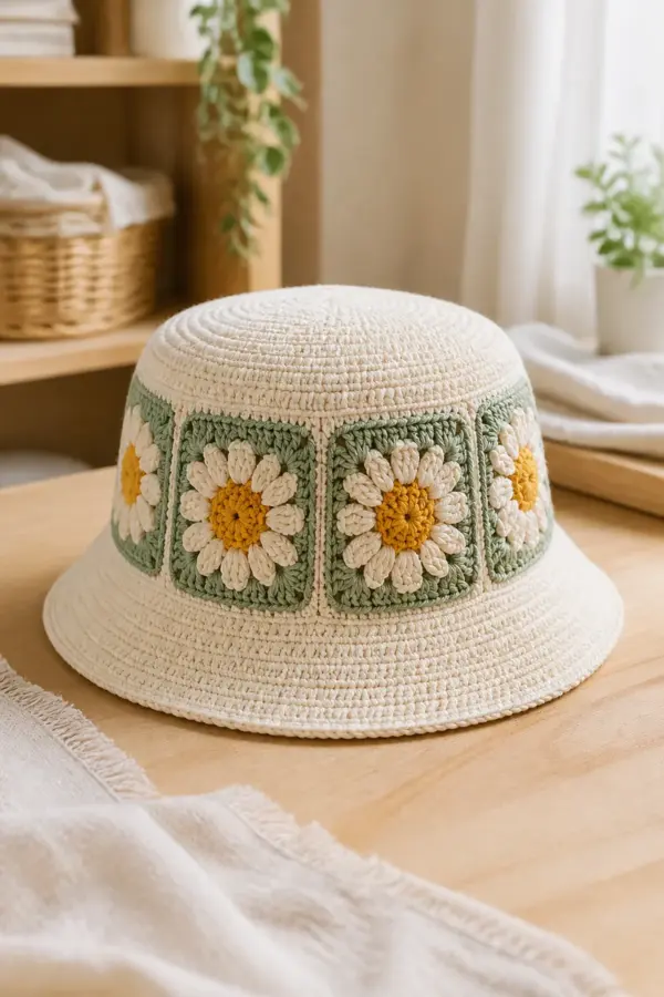 Finished cream crochet bucket hat with golden daisy granny squares and sage borders