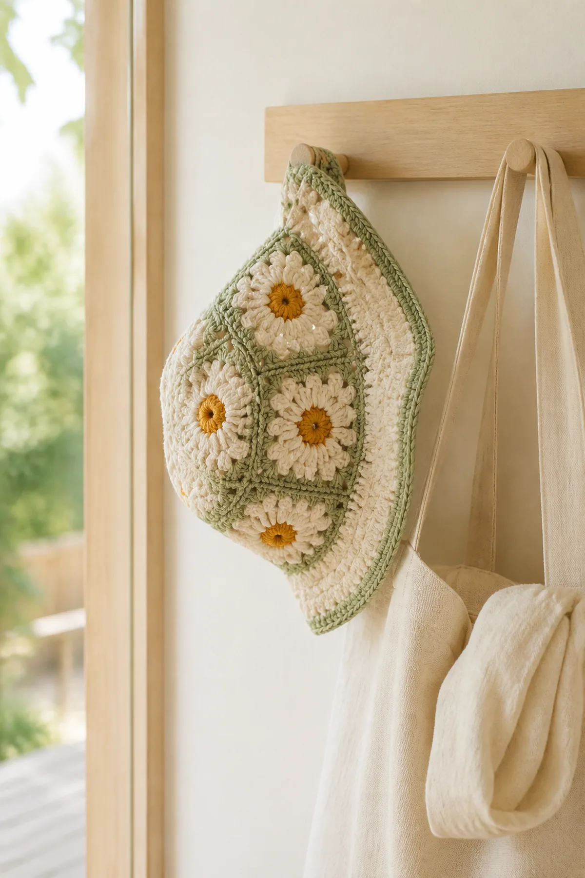 Finished daisy granny square bucket hat displayed on a wooden peg in soft daylight