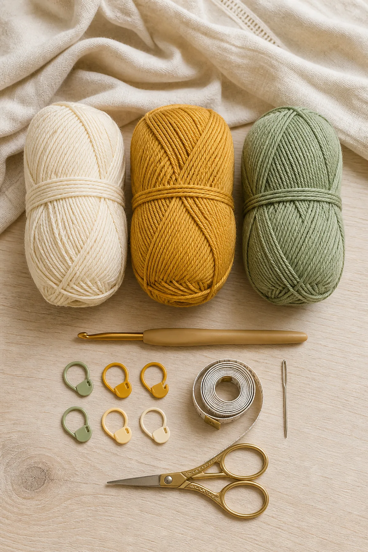 Cream, yellow, and sage cotton yarn with hook, markers, needle, tape measure, and scissors