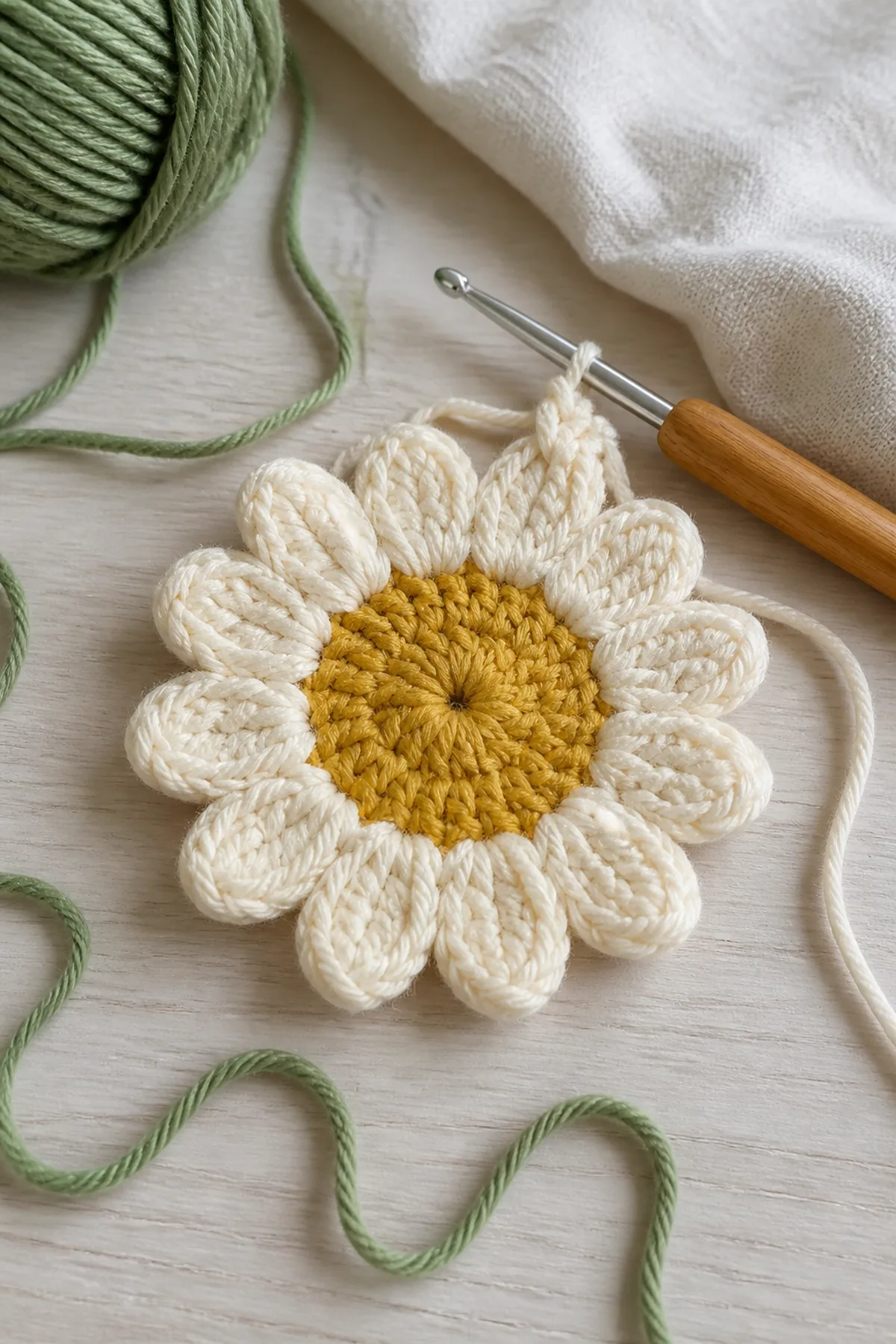 Golden and cream crochet daisy motif in progress beside a crochet hook