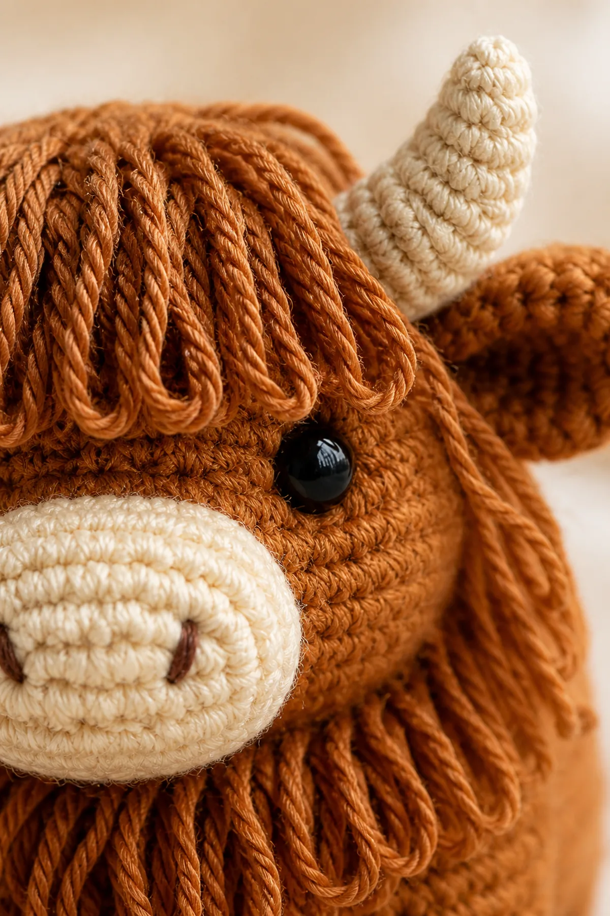 Close-up of Highland cow muzzle, horn, eye, and caramel loop-stitch fringe