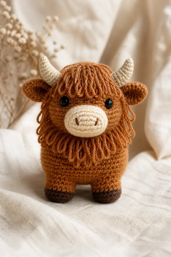 Finished caramel crochet Highland cow amigurumi with cream muzzle, oatmeal horns, and loop-stitch fringe