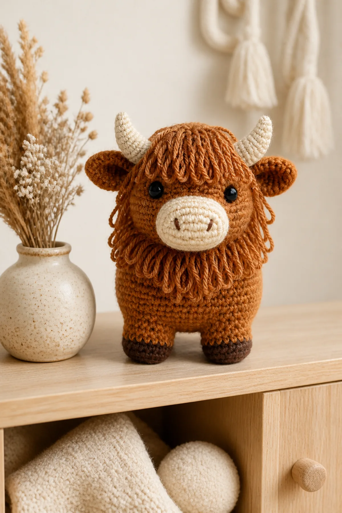 Completed Highland cow amigurumi displayed on a pale wooden nursery shelf