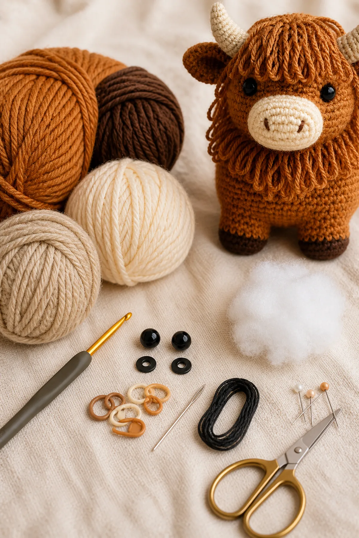 Caramel, brown, cream, and oatmeal yarn with hook, eyes, stuffing, thread, markers, pins, needle, and scissors