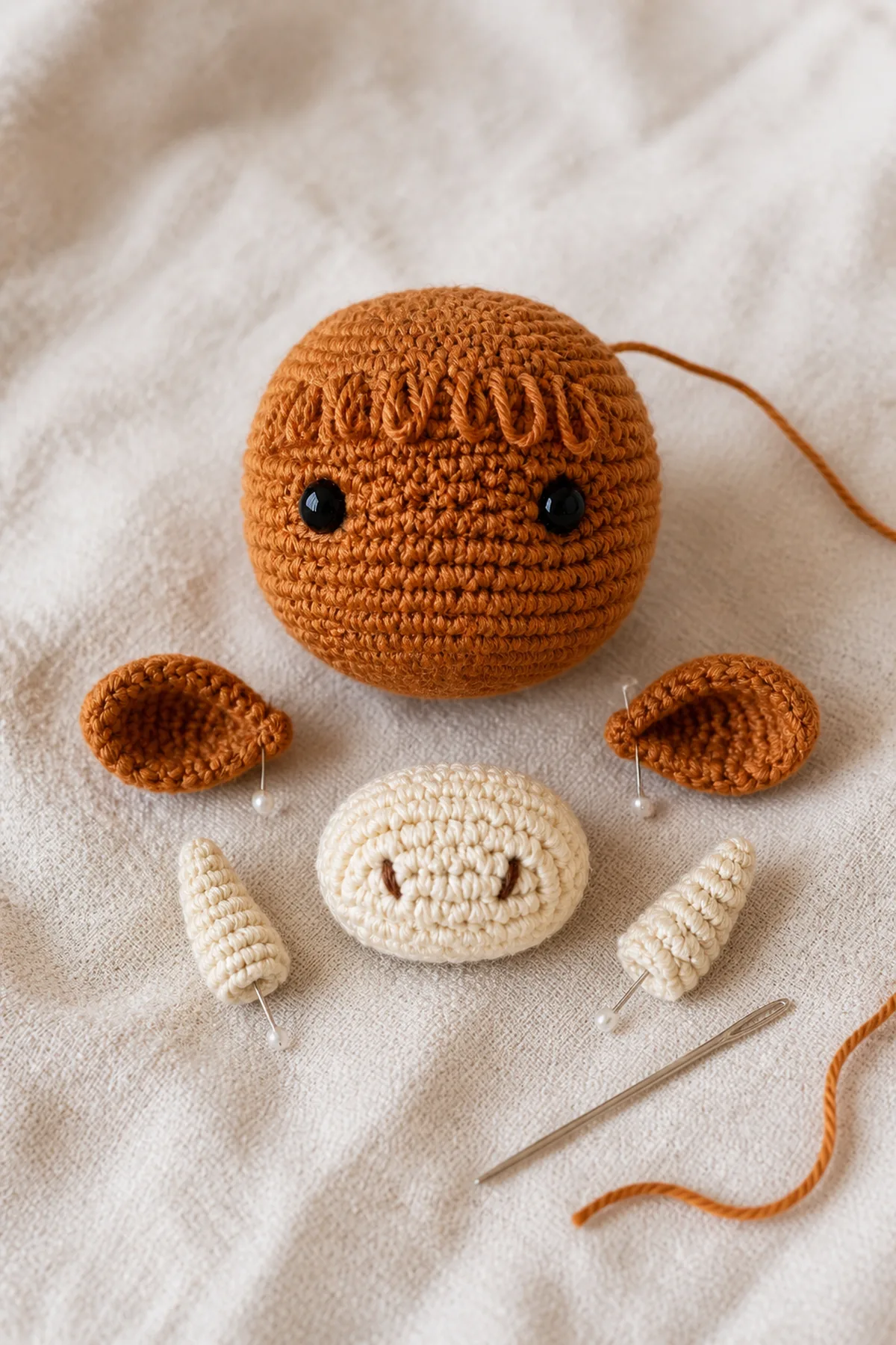 Crochet cow head with eyes beside separate muzzle, horns, and ears ready for assembly