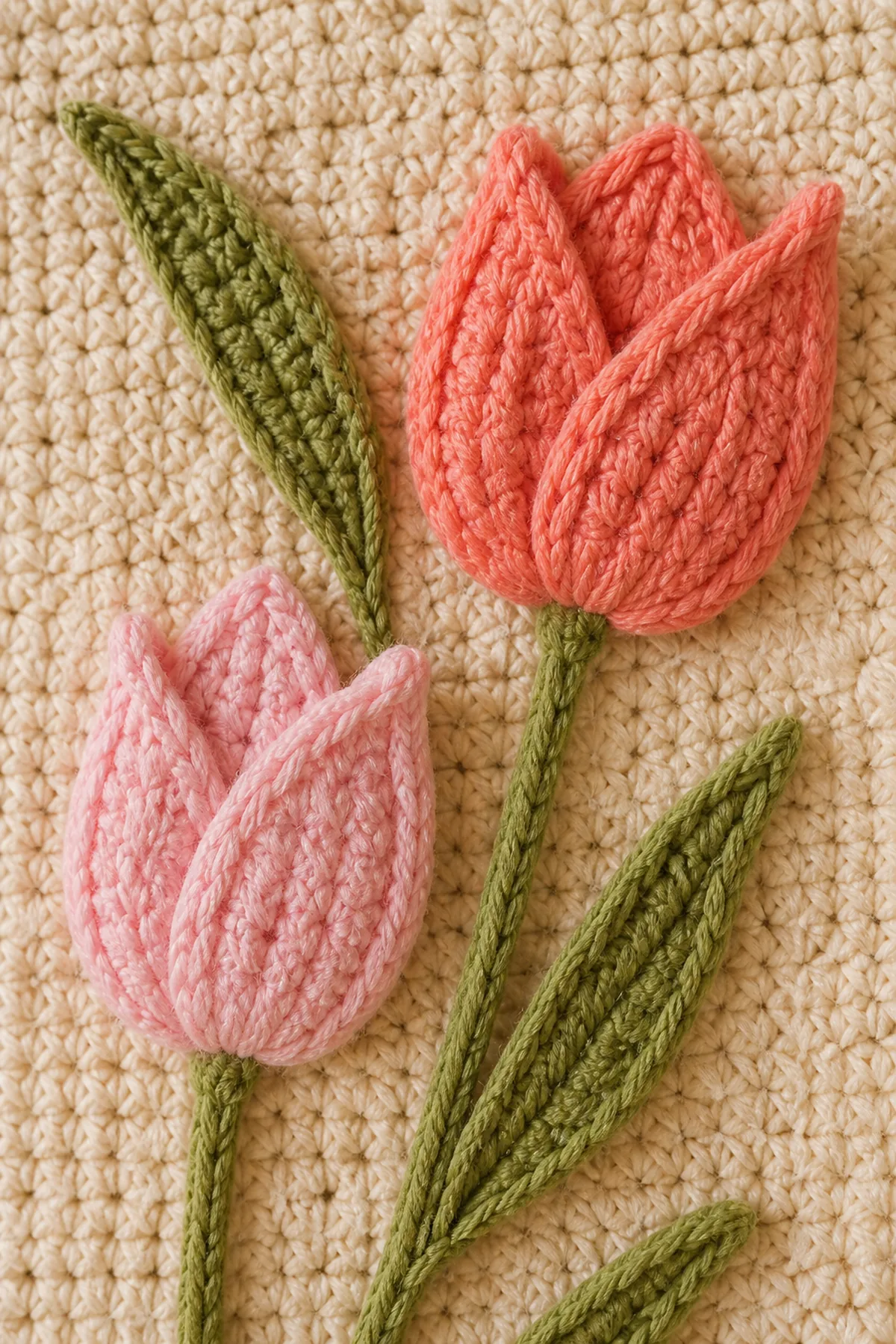 Close-up of coral and blush crochet tulips with sage leaves on the oatmeal textured base