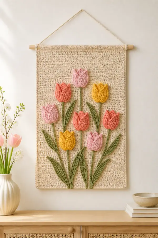 Finished oatmeal crochet tulip wall hanging with blush, coral, golden yellow, and sage floral details