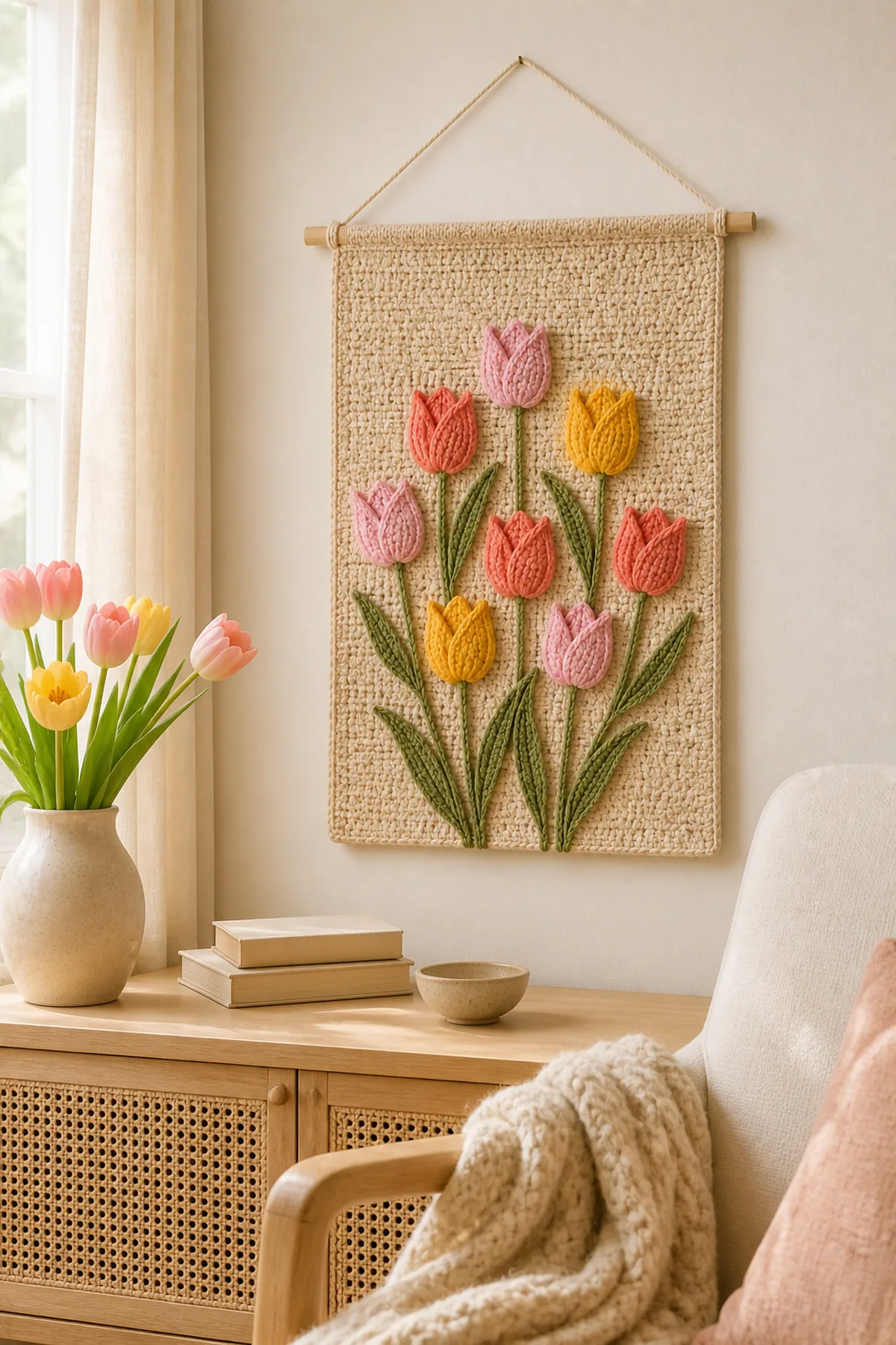 Finished spring tulip crochet wall hanging styled in a bright reading nook