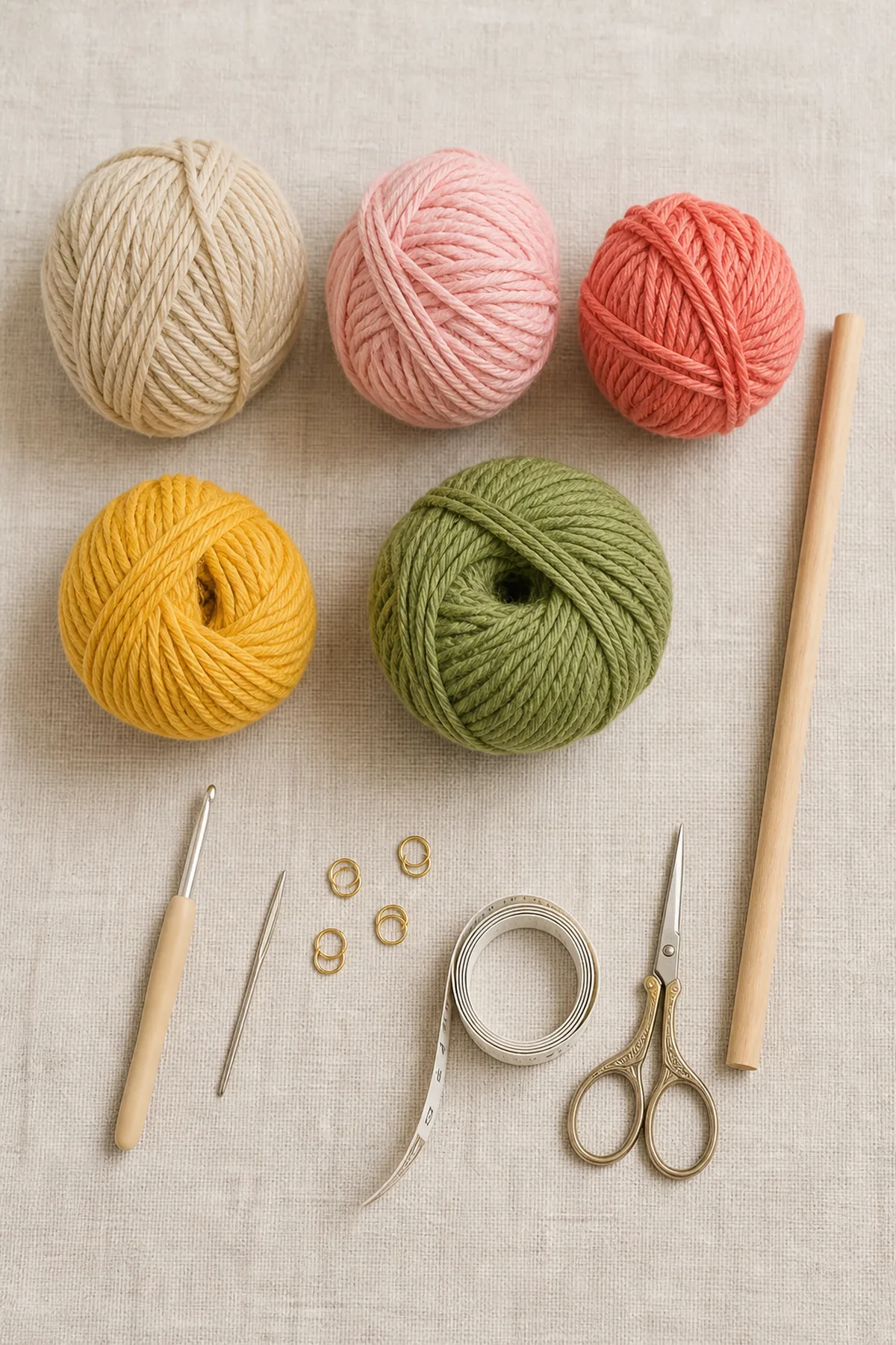 Oatmeal, blush, coral, golden yellow, and sage cotton yarn with hook, dowel, needle, markers, tape, and scissors