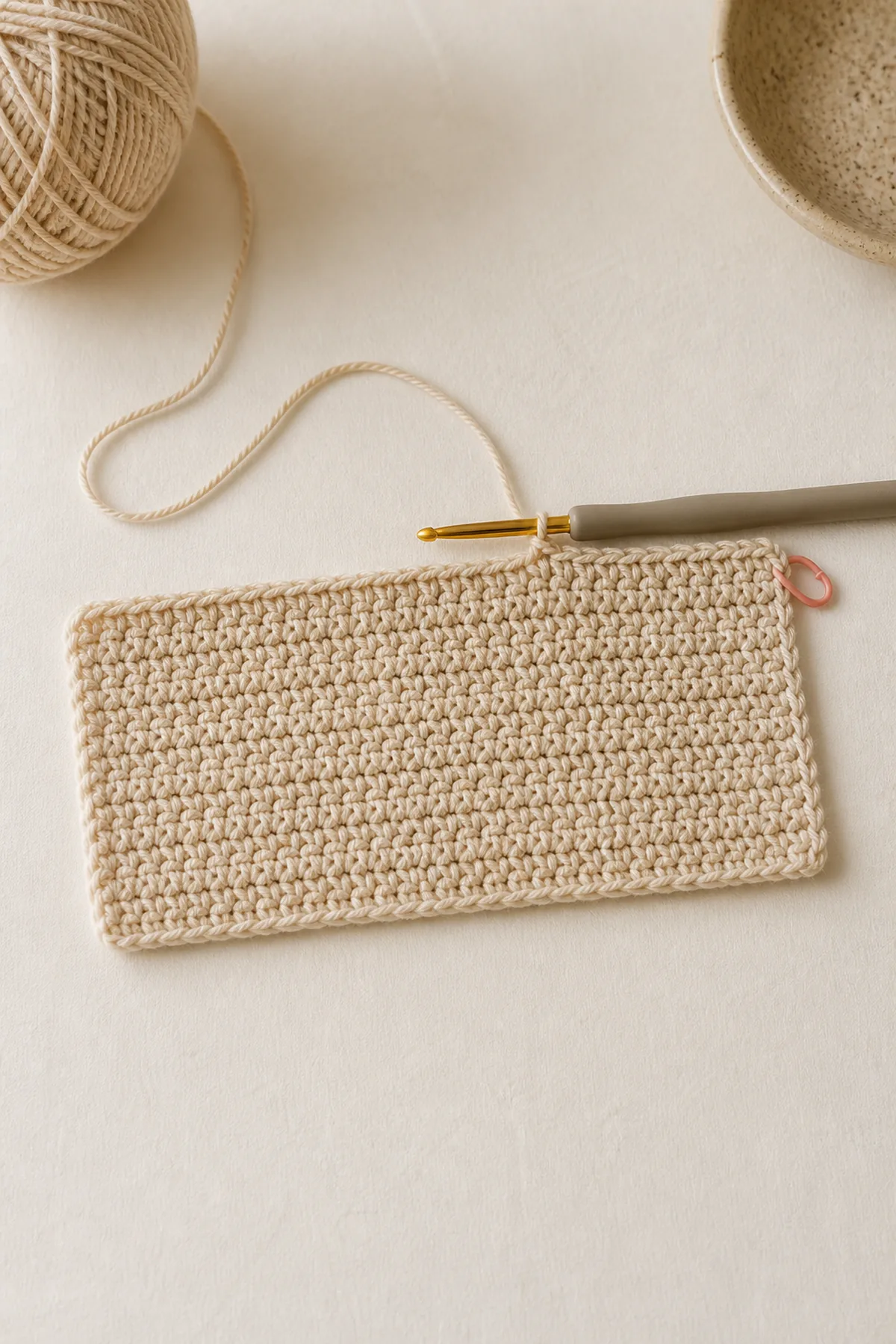 Early oatmeal crochet wall hanging base in progress with working yarn, hook, and edge marker