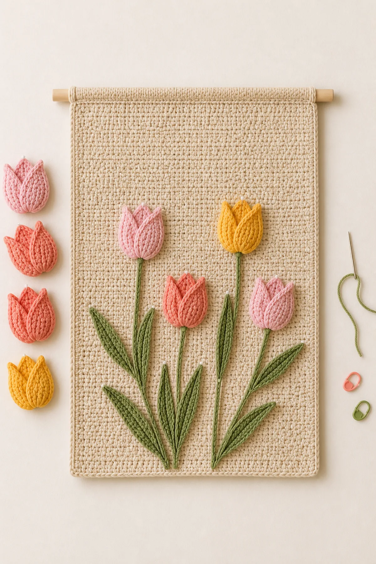Oatmeal crochet wall hanging base with tulip appliques and sage stems being positioned