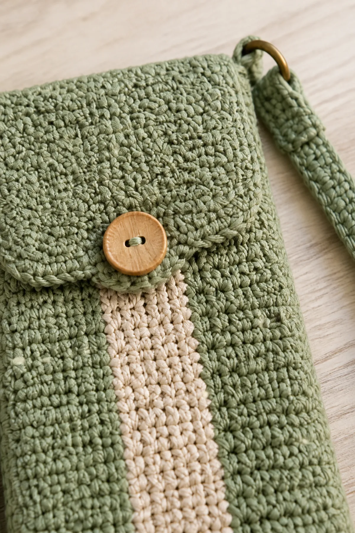 Close-up of the stitch texture and finishing details on easy crochet crossbody phone bag